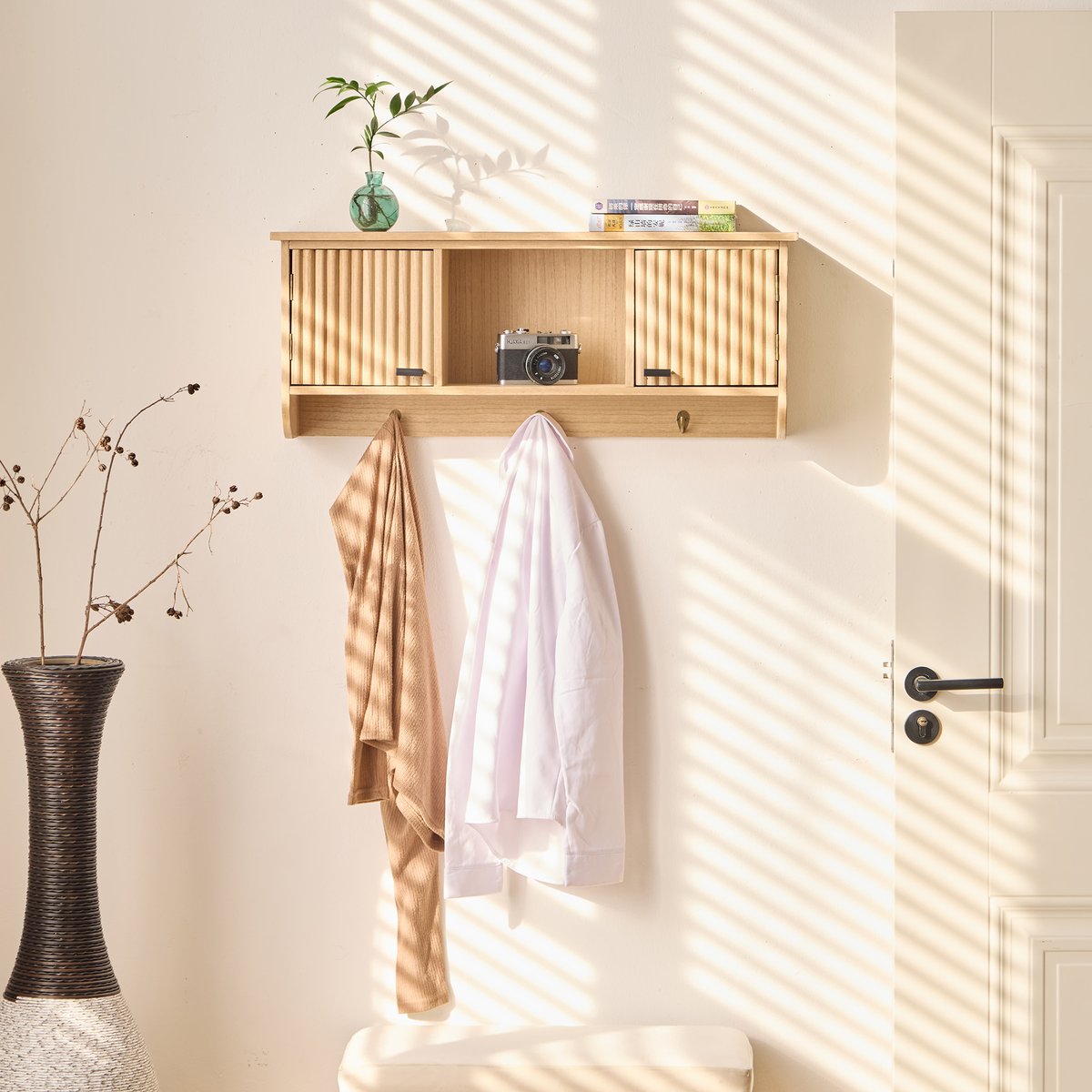 Porte-manteau mural, bois, 2 portes, KONDO bois naturel, NORDLYS