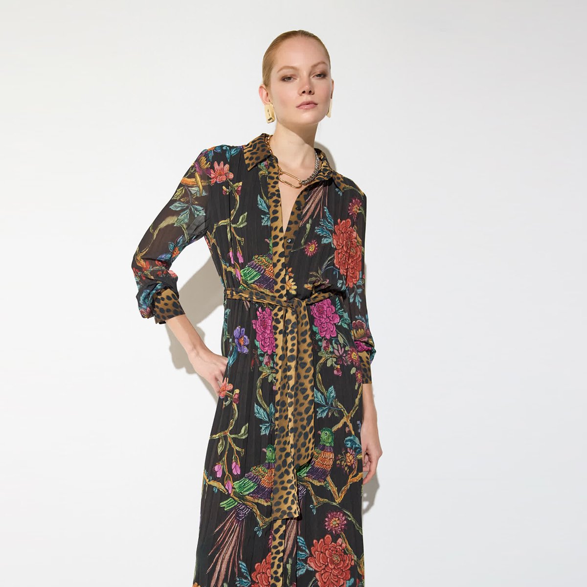 Robe midi plissée imprimée floral léopard marron foncé, LOLA CASADEMUNT