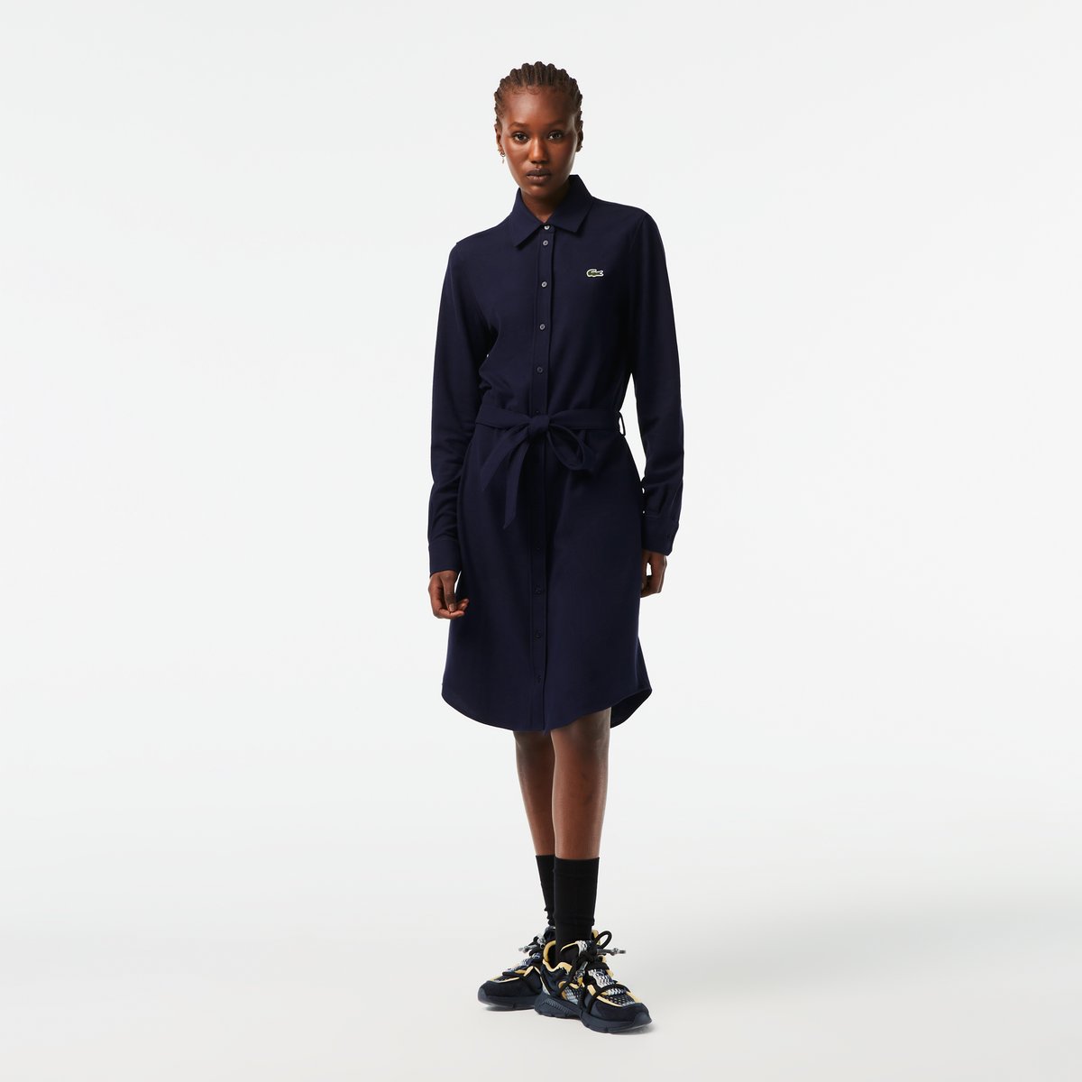 Robe polo avec taille ajustable en piqué de coton bleu-166, LACOSTE
