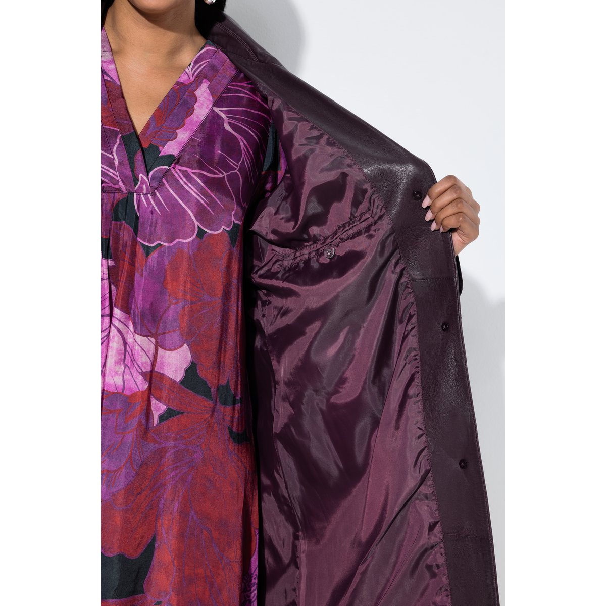 Manteau swing en cuir, coupe évasée prune foncé, ULLA POPKEN