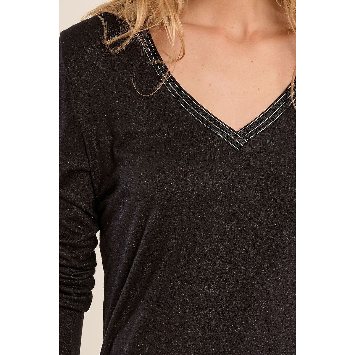 T-shirt scollo a V con maniche lunghe nero , MOLLY BRACKEN