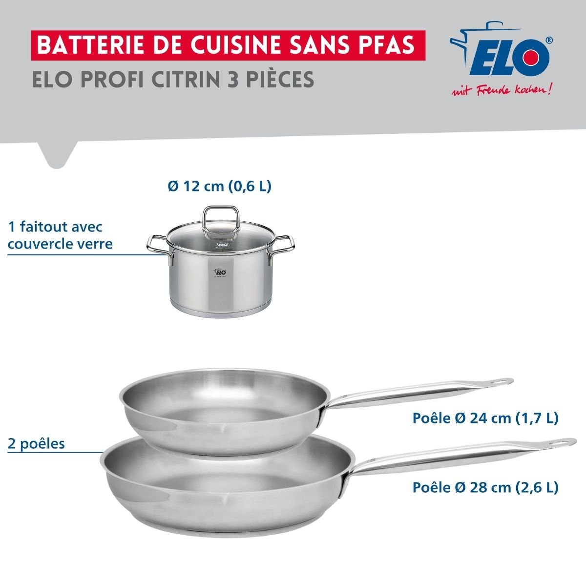 Batterie 2 poêles 24/28cm + 1 faitout 12cm PROFI CITRIN gris, ELO