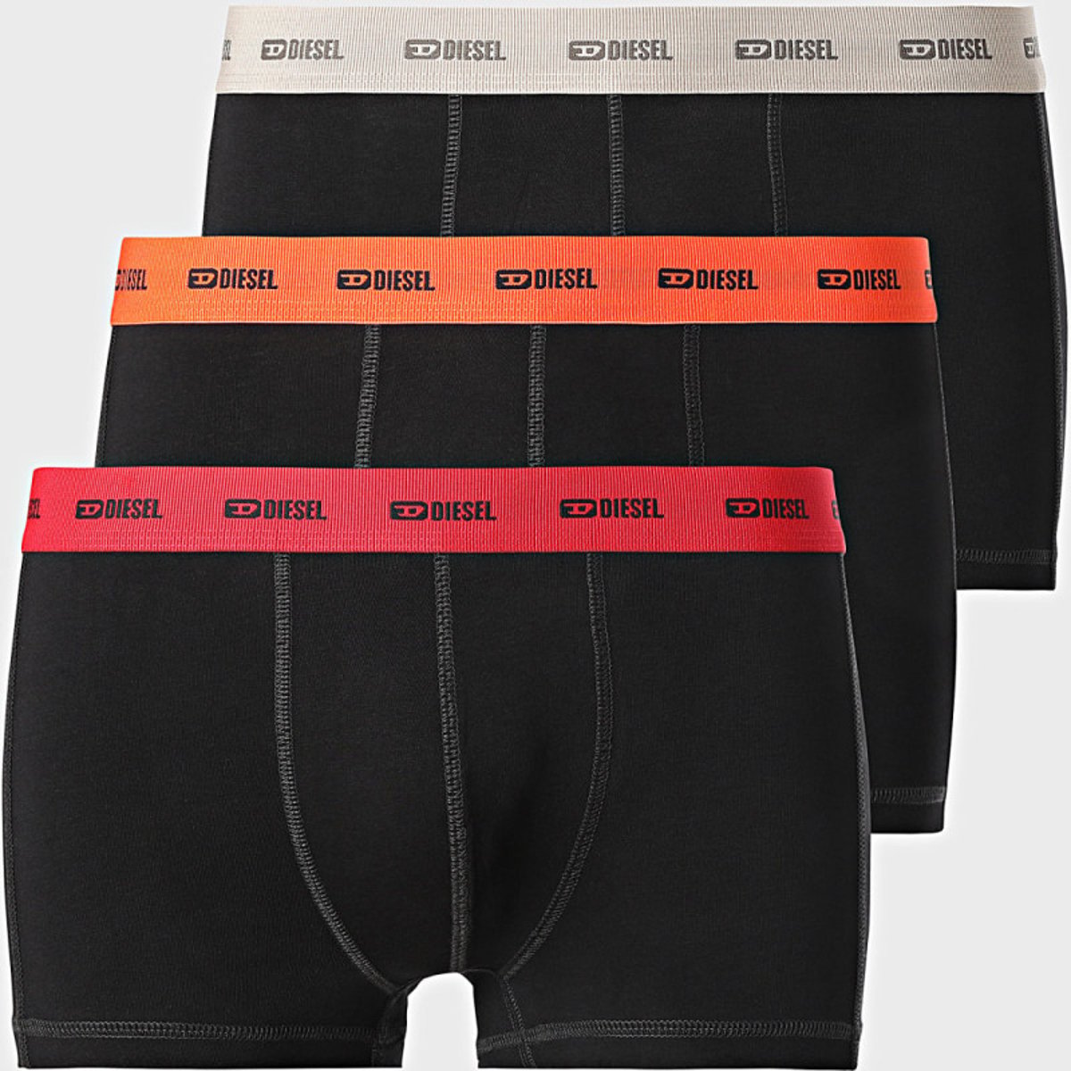 Lot de 3 boxers classiques en coton noirs unis à ceintures multicolores noirs, DIESEL