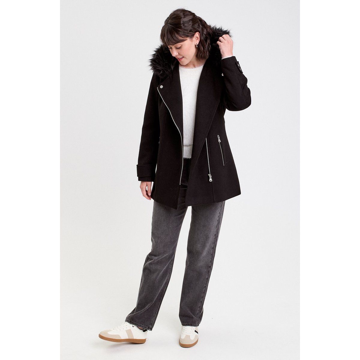 Manteau droit avec capuche noir, CACHE CACHE