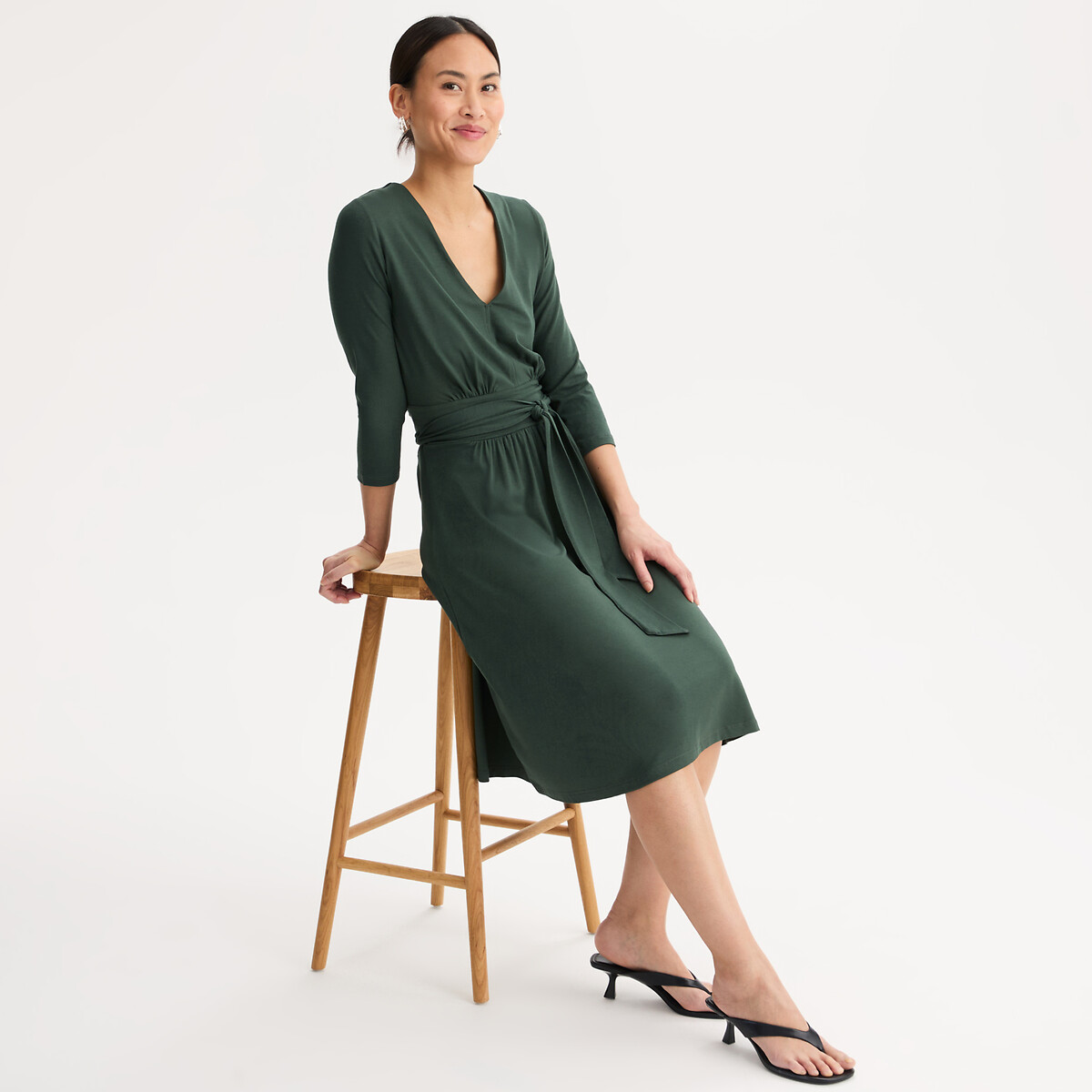 Robe évasée en maille, longueur genou, manches 3/4 vert foncé, ANNE WEYBURN