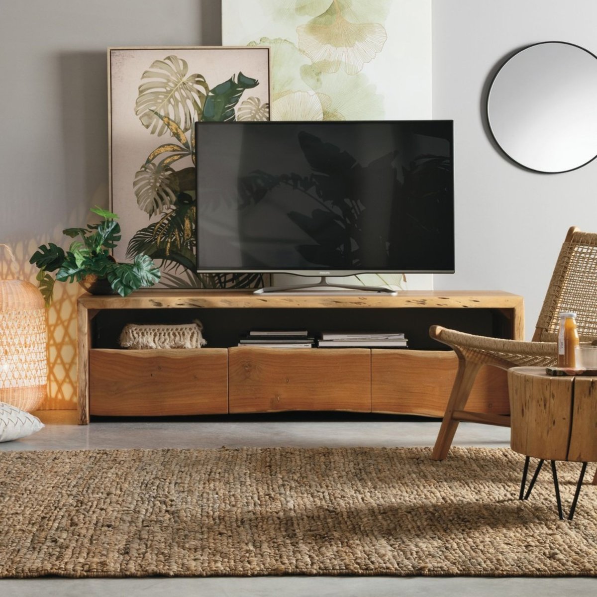 Meuble TV en bois d'acacia naturel 3 tiroirs 1 niche L160 - MIMOSA bois clair, HELLIN, DEPUIS 1862