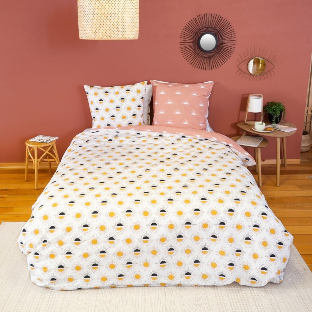 Housse de couette 260x240 TERRAMEA + 2 taies 100% coton adouci 57 fils/2 jaune, DECORATIE