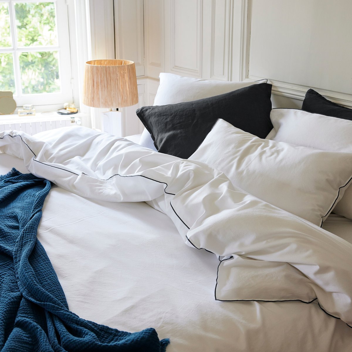 Housse de Couette en satin de coton lavé, RÊVE SATINÉ blanc et anthracite, BLANC CERISE