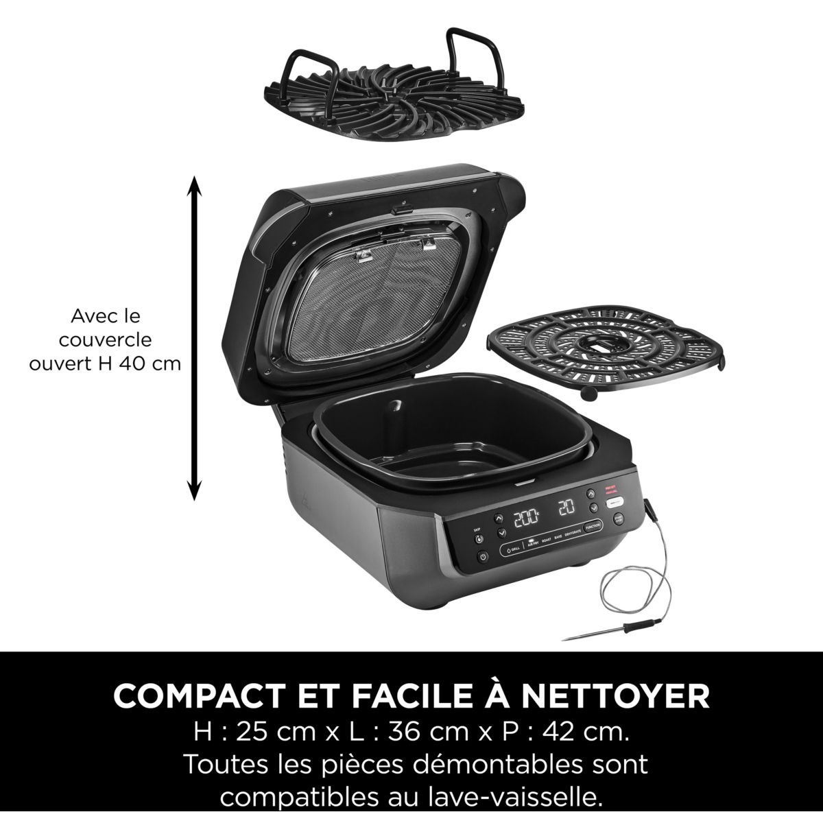 Grille-viande Foodi Air Grill EG351 gris thermosonde à poser, 25.5x24.5 cm couleur unique, NINJA