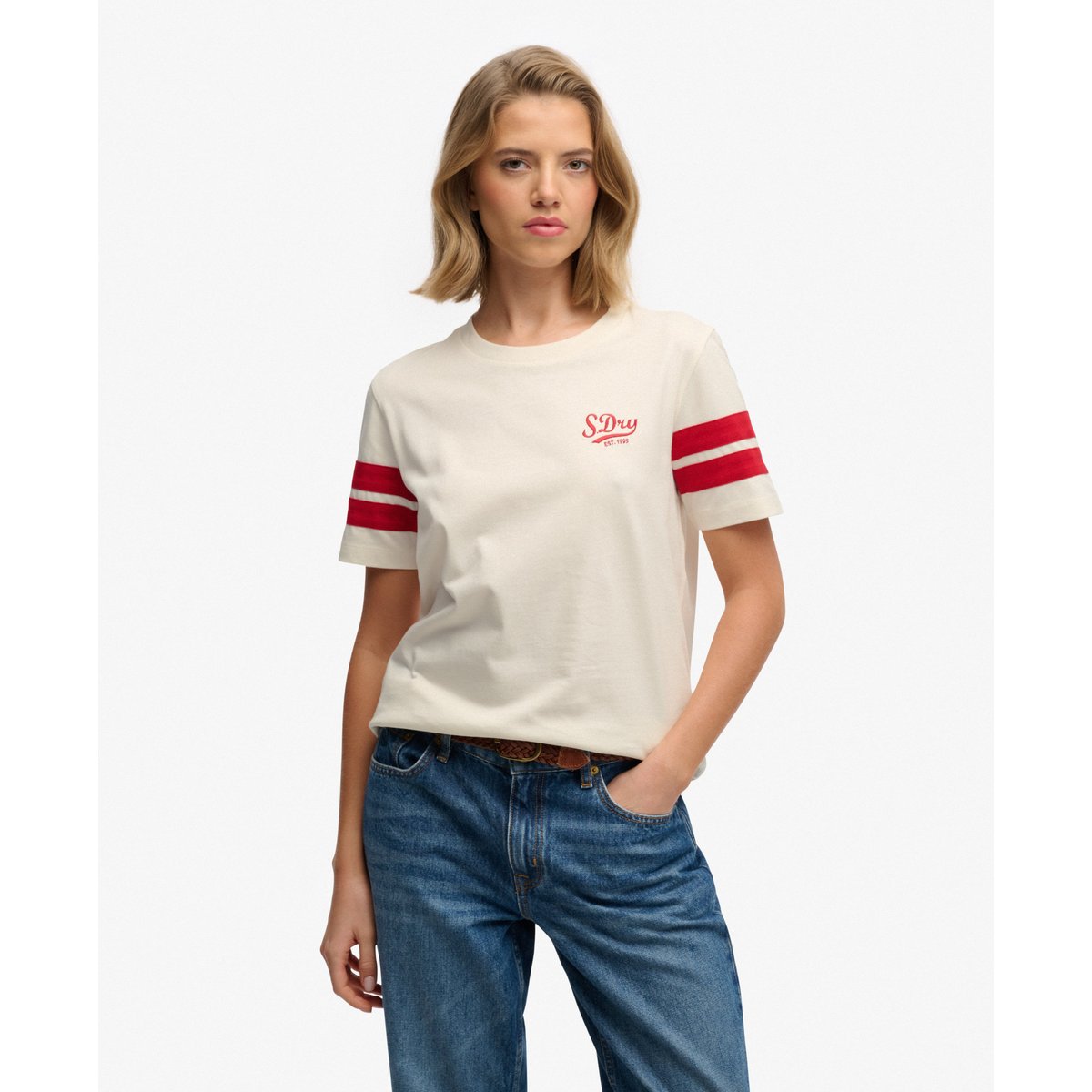 T-shirt Script à Rayures Varsity crème, SUPERDRY