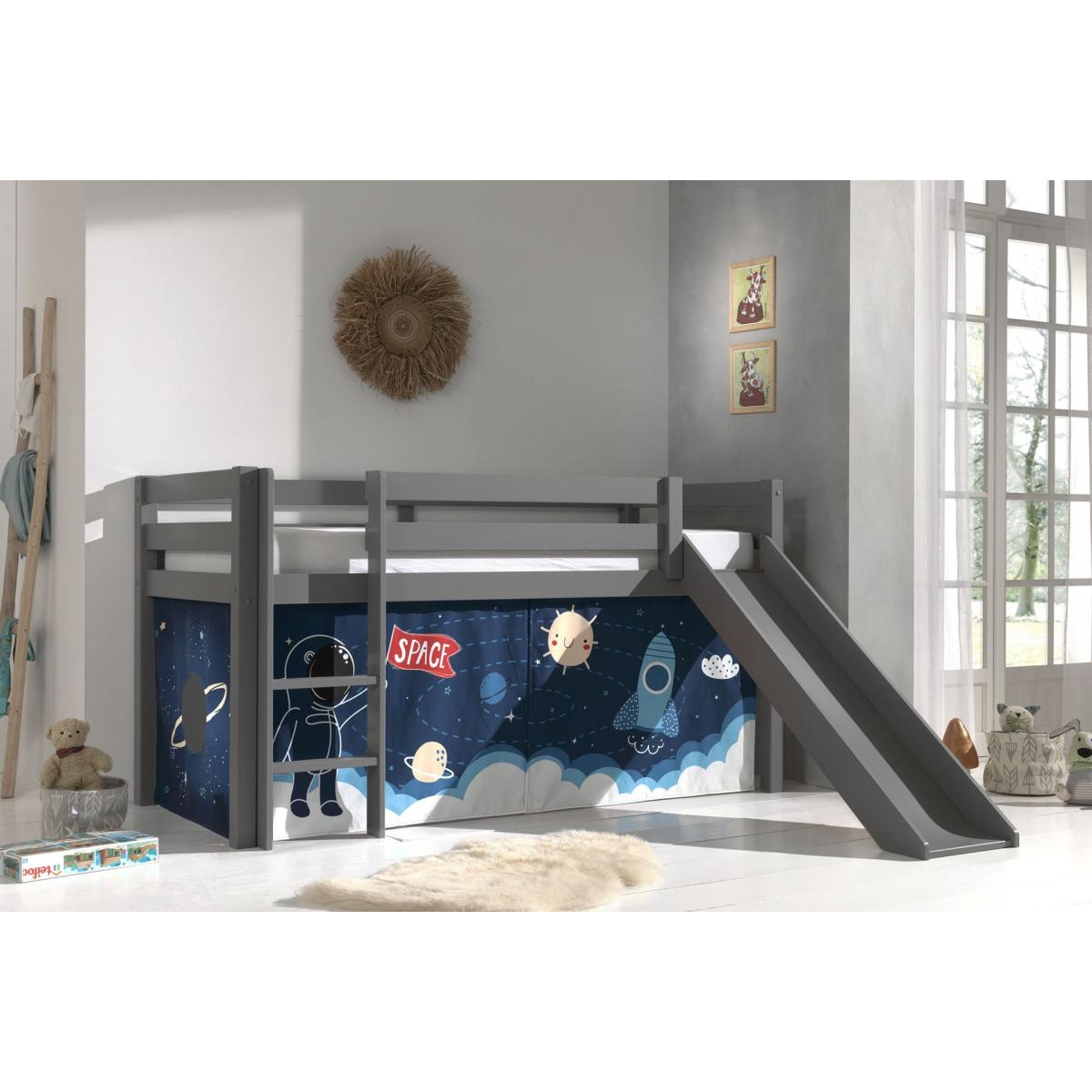Lit Enfant Surélevé Avec Toboggan + Rideau pour lit en hauteur en 4 parties Espace couleur unique, VIPACK