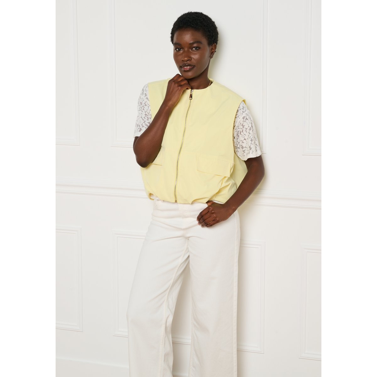 Veste sans manches zippée jaune pastel, LOLALIZA