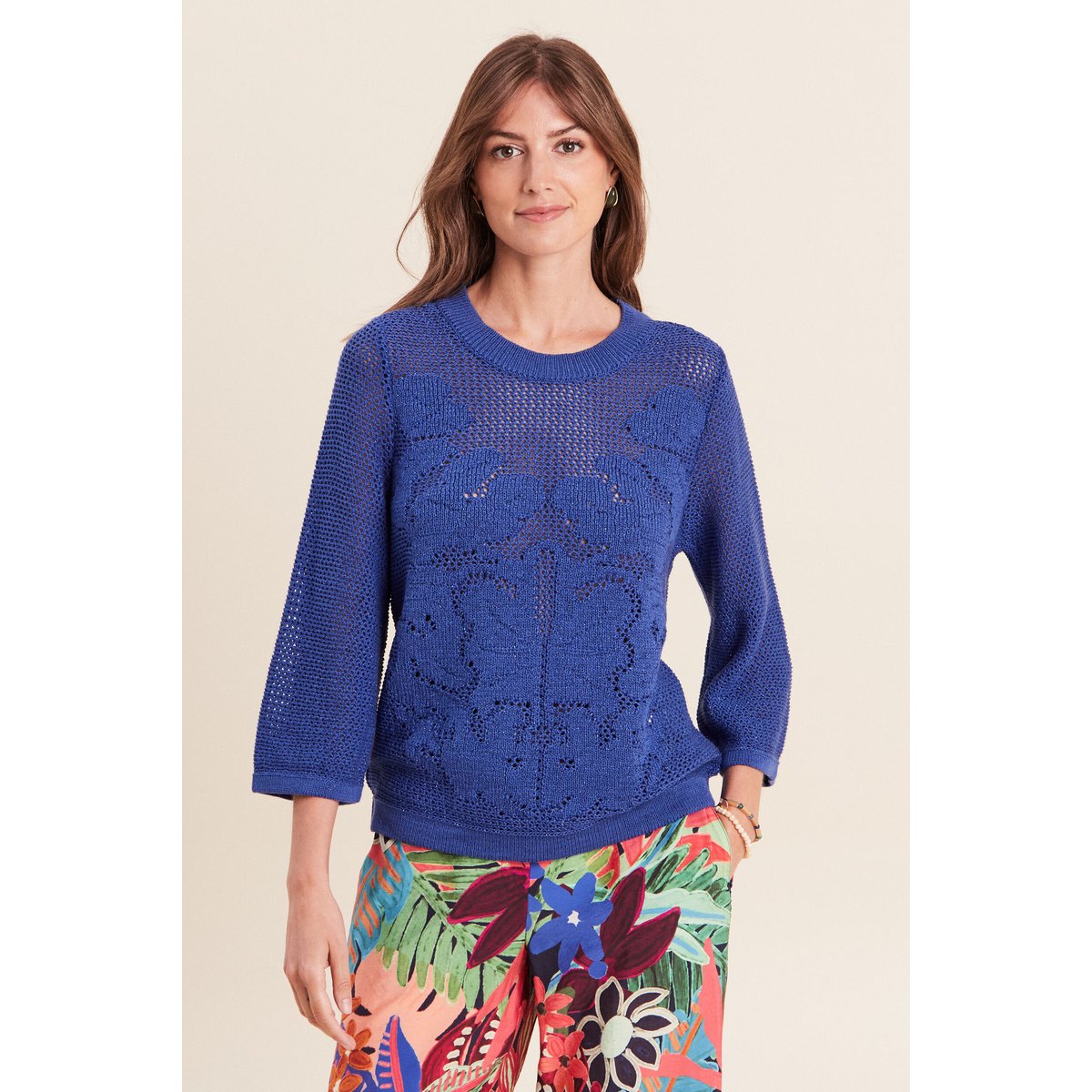 Pull ajouré col rond manches longues bleu foncé, BREAL