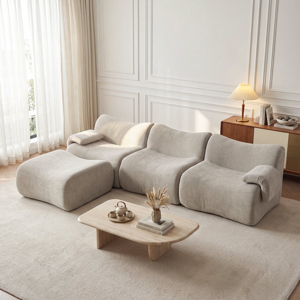 Canapé d'angle réversible compressé 3 places avec pouf, CLOUD taupe, MEUBLES COSY