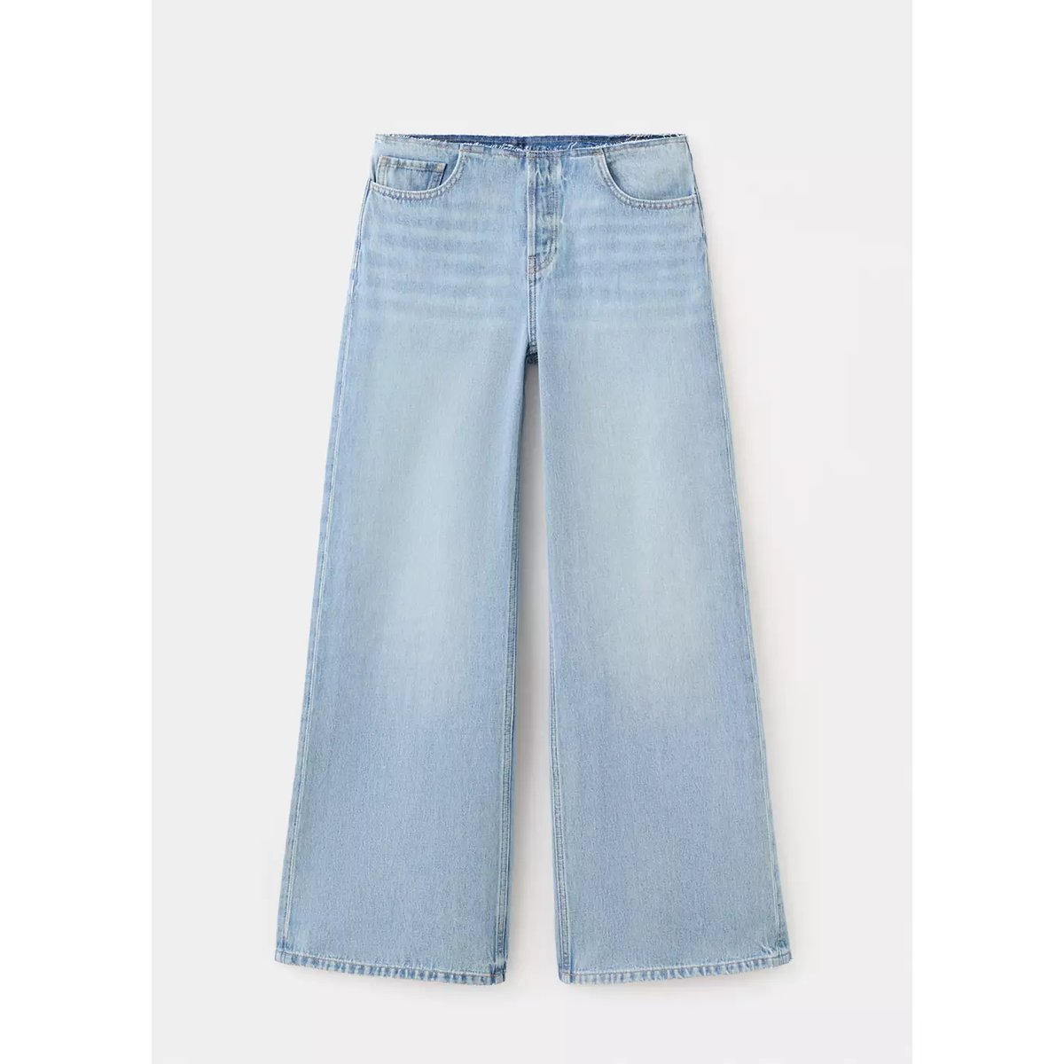 Jean wide leg à taille effilochée bleu moyen, MANGO