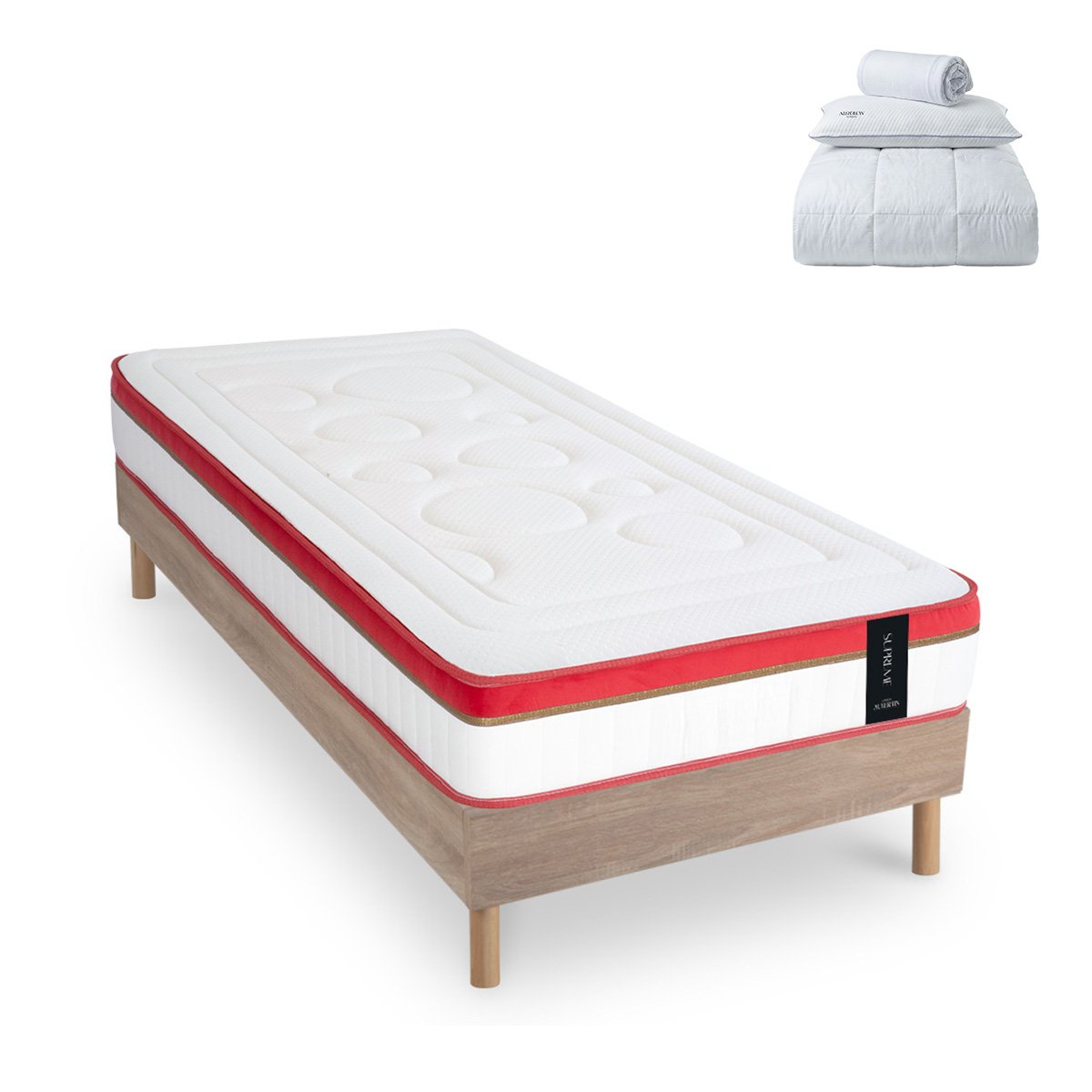 Ensemble Suprême + sommier bois + accessoires - Mousse HD mémoire - Ép. 24 cm - Accueil ferme, soutien ferme blanc, MAISON AUBERTIN