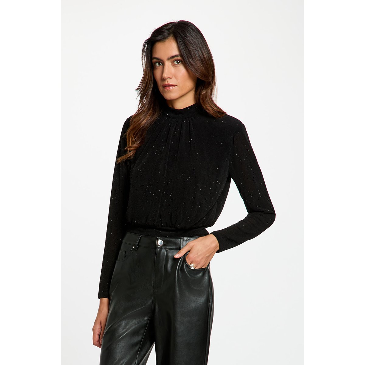 T-shirt col montant strass noir, MORGAN