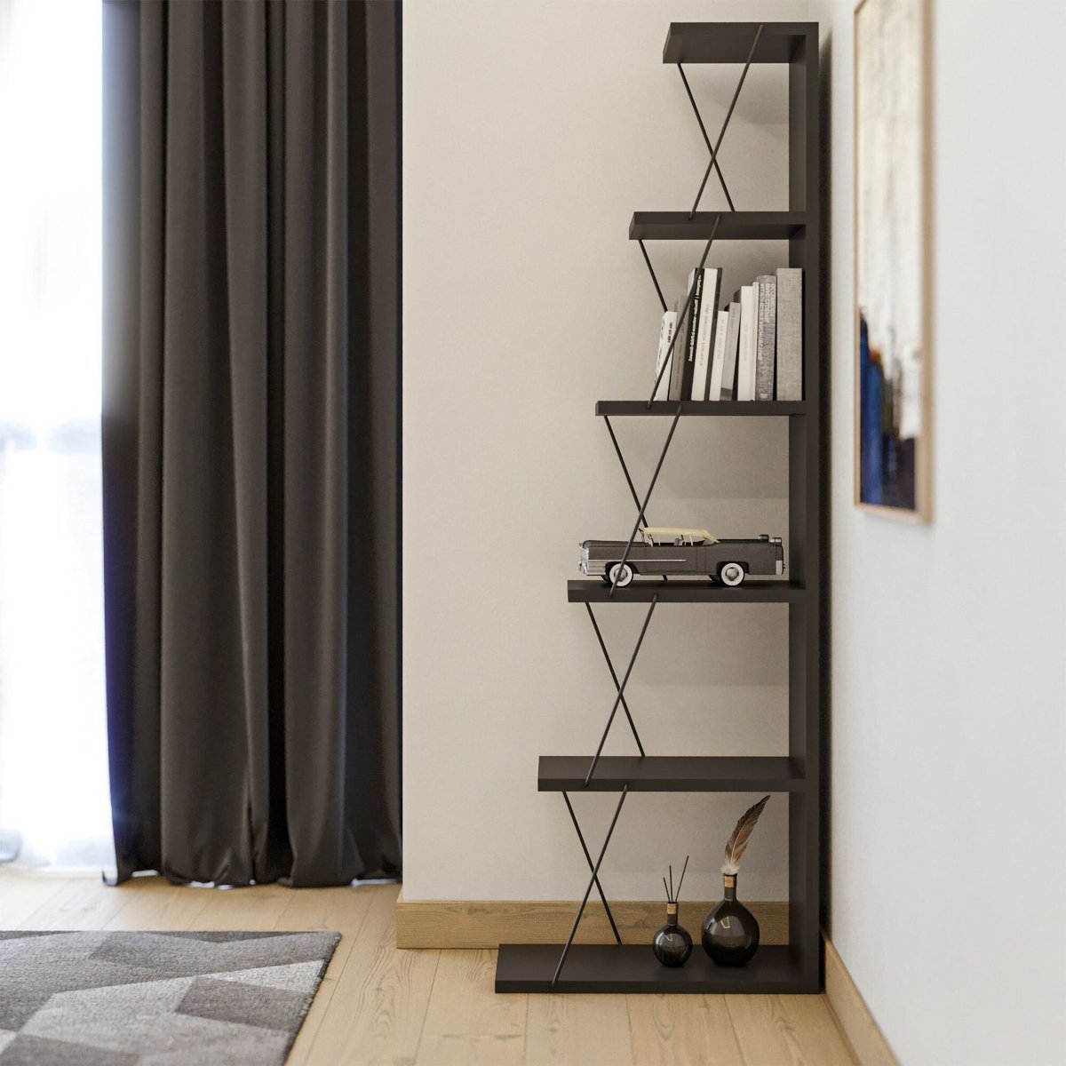 Bibliothèque escalier 5 niveaux design minimaliste TLOS gris anthracite, TOILINUX