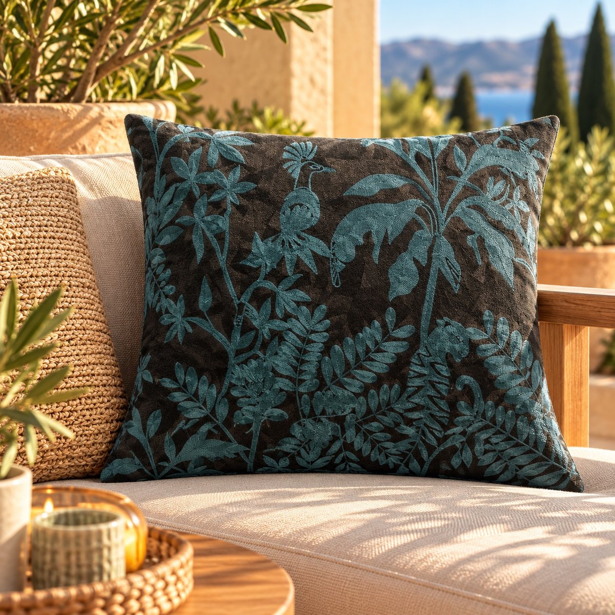 Coussin brodé Aurore Céleste carbone, EDEN