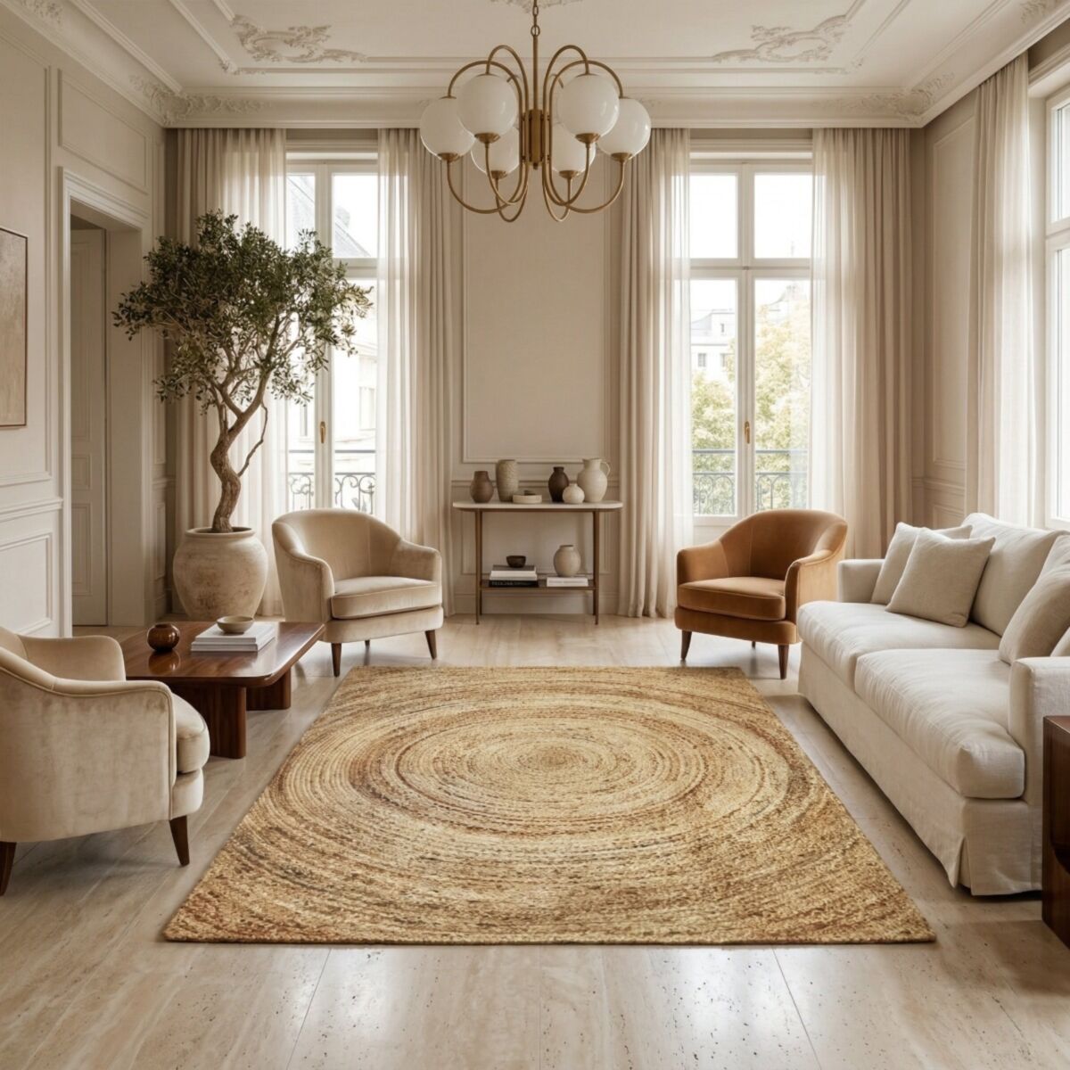 Tapis en jute tressé main lignes SUNNY JUTE - style bohème beige motif rond, THE DECO FACTORY