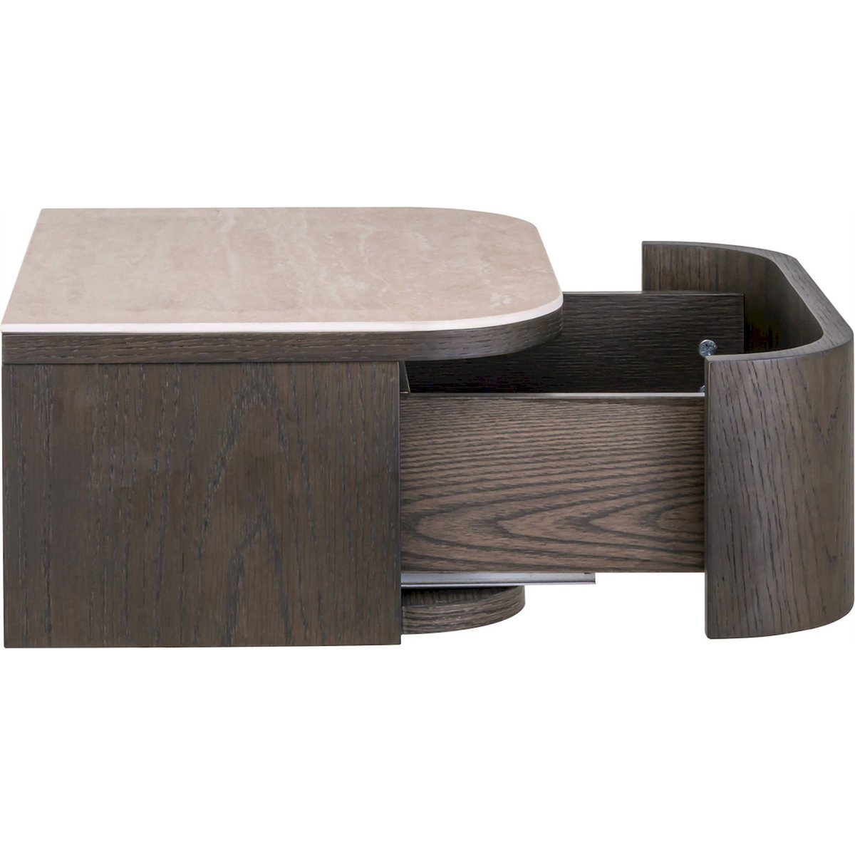 Table de chevet ronde bois et travertin NANDO marron foncé et beige travertin, RECOLLECTION