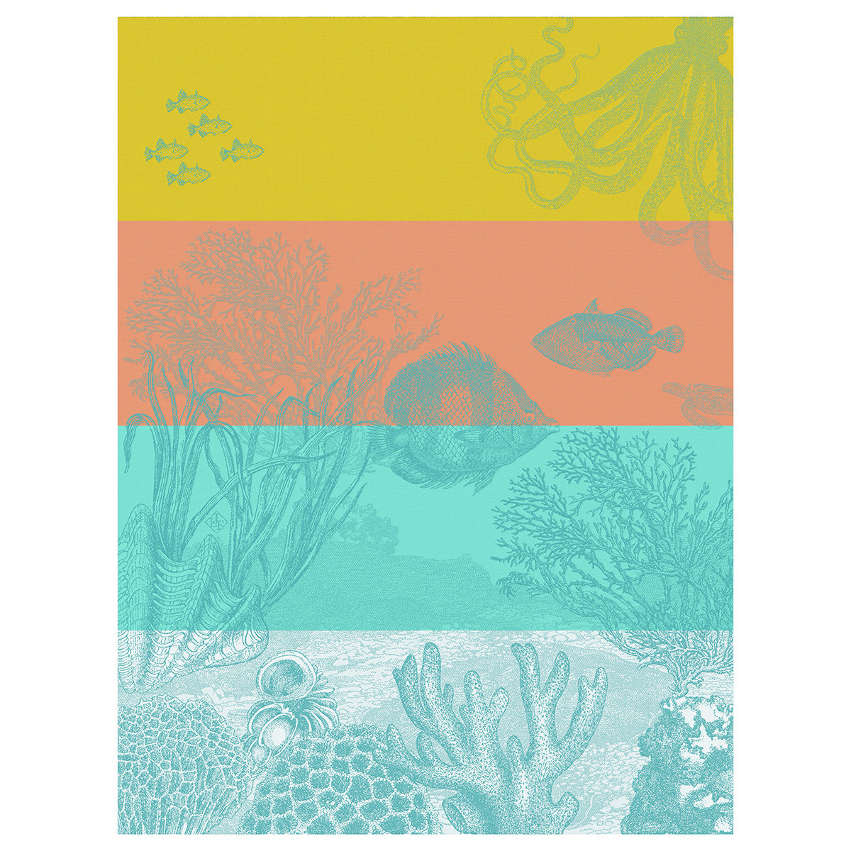 Torchon en Coton, SOUS L'OCÉAN corail, LE JACQUARD FRANCAIS