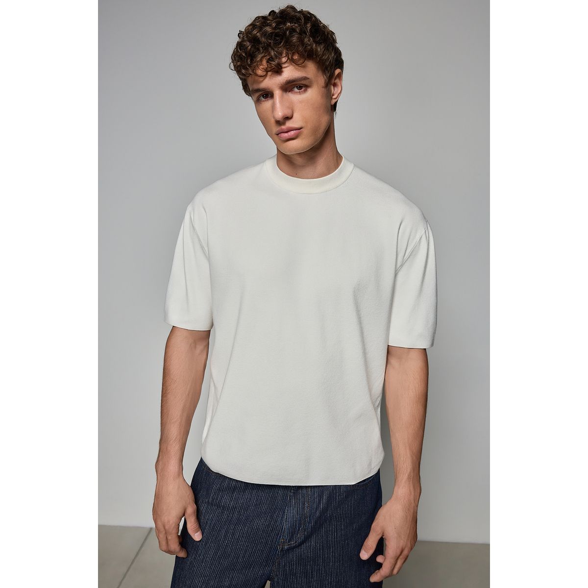 T-shirt ras du cou en maille manches courtes blanc écru, NEXT