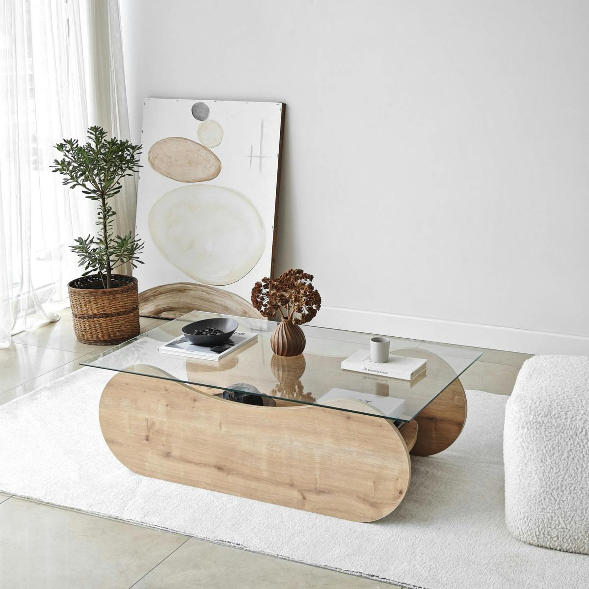 Table basse base luge - plateau verre SALTA chêne, PIER IMPORT