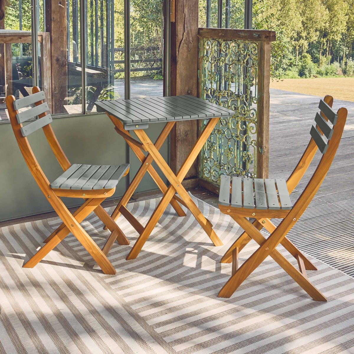 Table de jardin pliante bois d'acacia + 2 assises HILORA kaki, SWEEEK