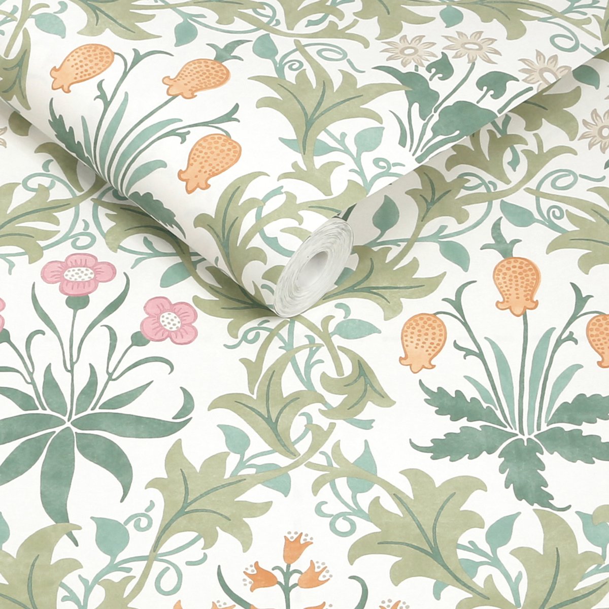 Papier peint fleuri Celandine Spring Garden vert, rose, jaune, WILLIAM MORRIS AT HOME