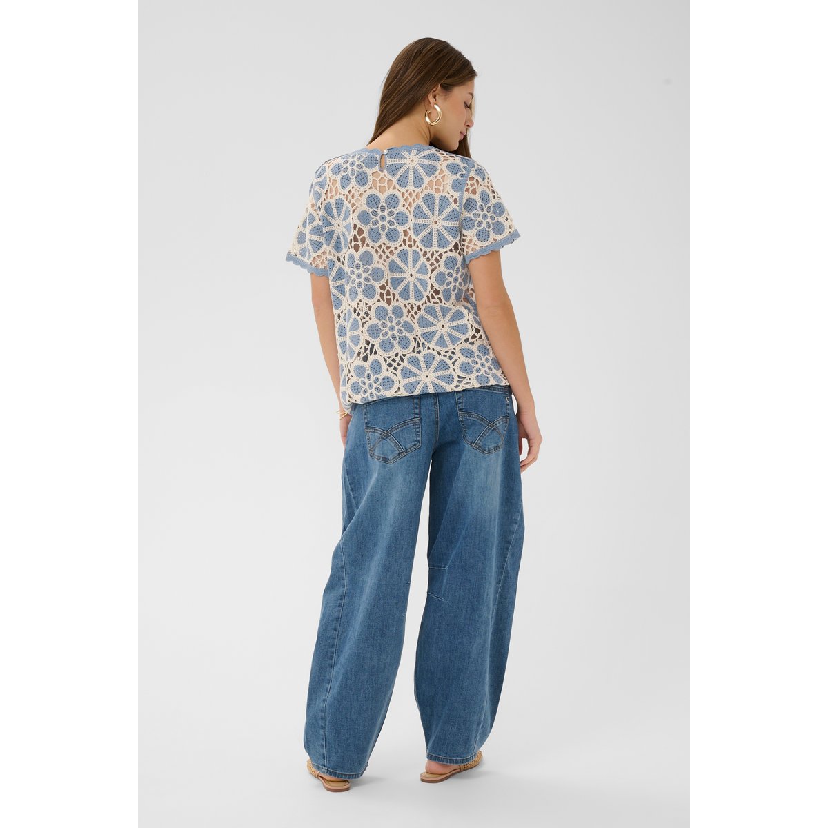 Blouse à manches courtes bleu stonewash flower pattern, CREAM