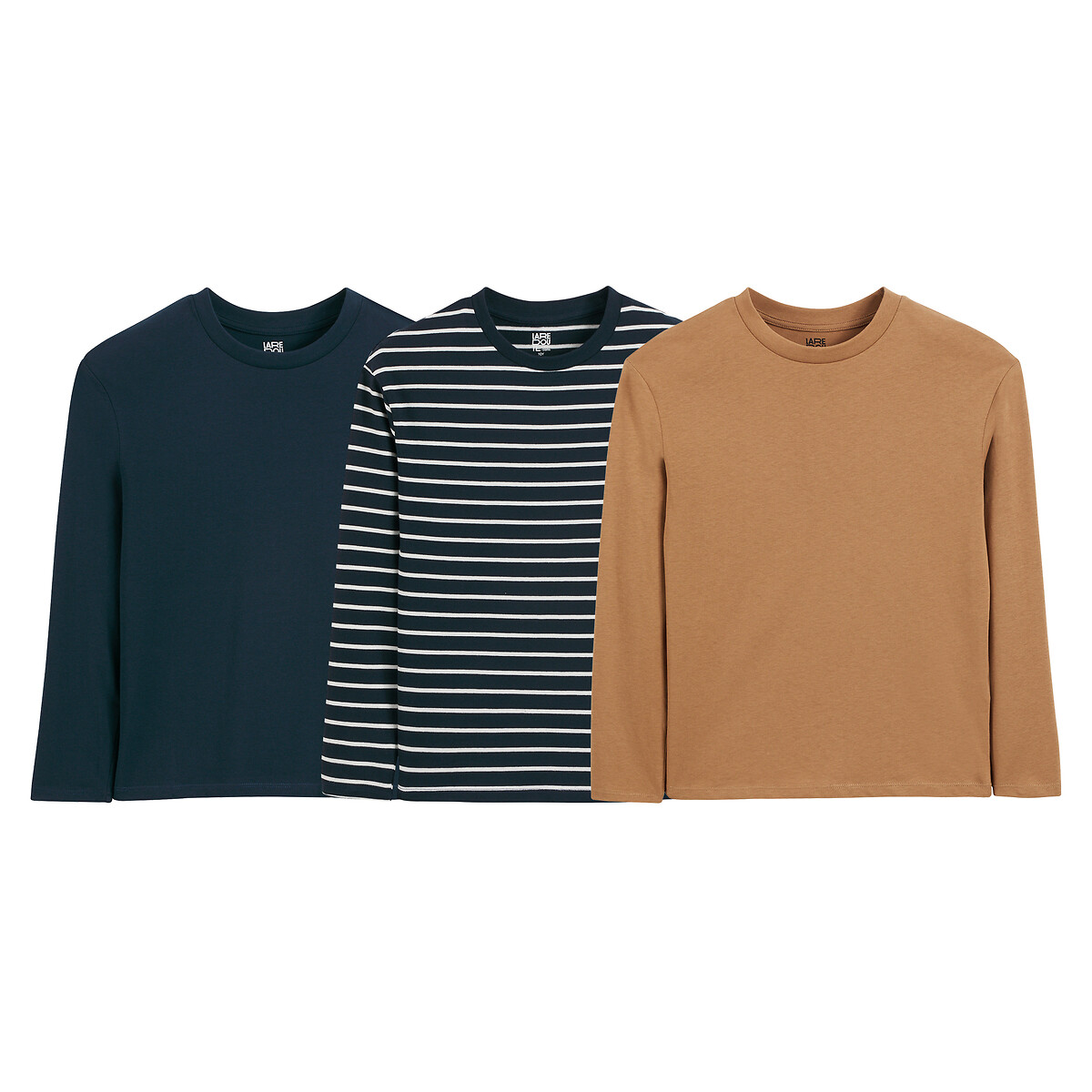 Pack of 3 T-Shirts with Long Sleeves navy+striped+camel, LA REDOUTE COLLECTIONS