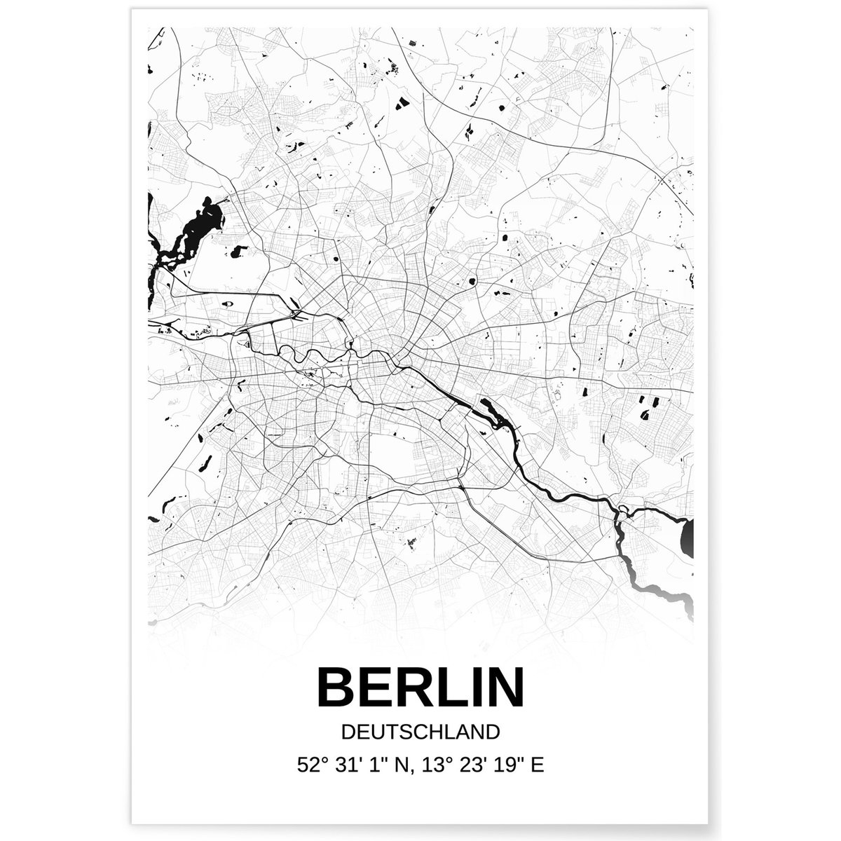 Affiche carte Berlin - rectangle Noir et Blanc blanc, L'AFFICHERIE