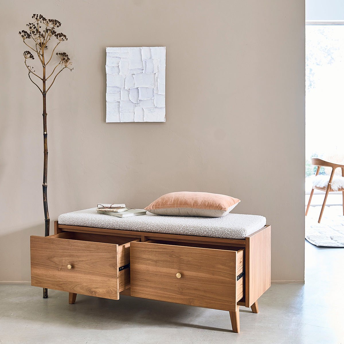 Banc en bois de teck et tissu bouclette 120 cm  SERENE naturel, BERAH GETAH