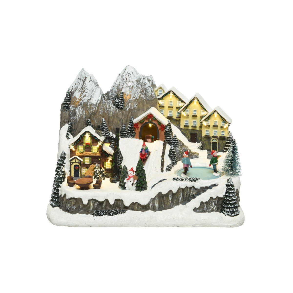 Village de Noël illuminé avec chalets enneigés multicouleurs, JARDIDECO