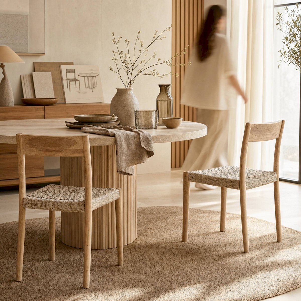 Chaise en teck assise tressée, Lot de 2 bois clair et fibre brun clair, RECOLLECTION