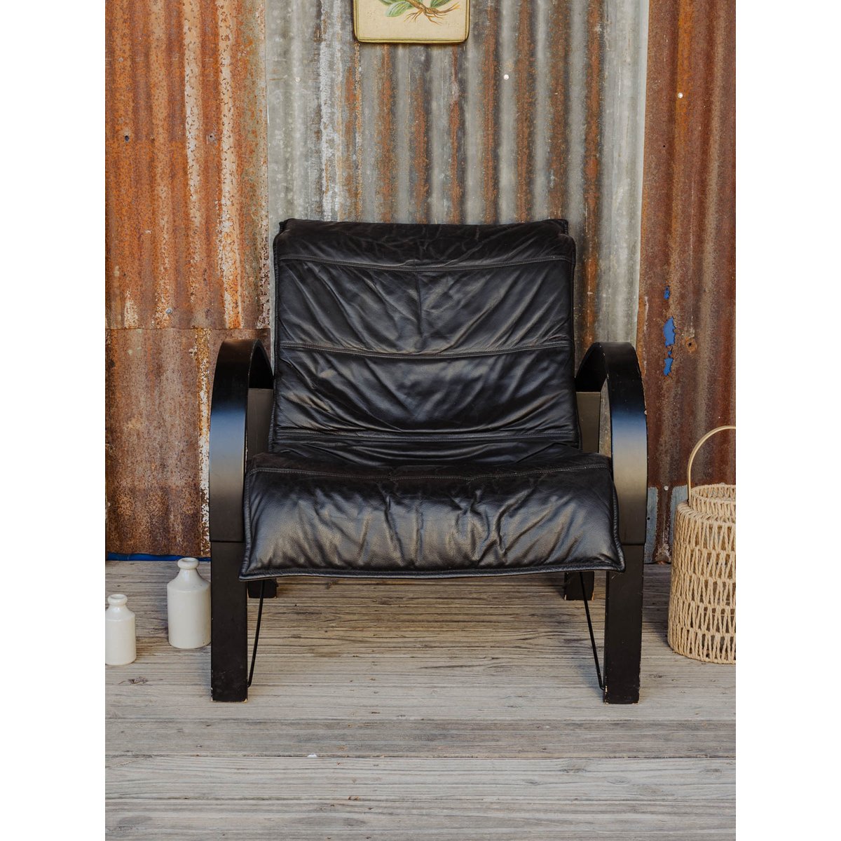 Fauteuil en bois et cuir noir Jakob N°1426 - Bon état noir, DEBONGOUT