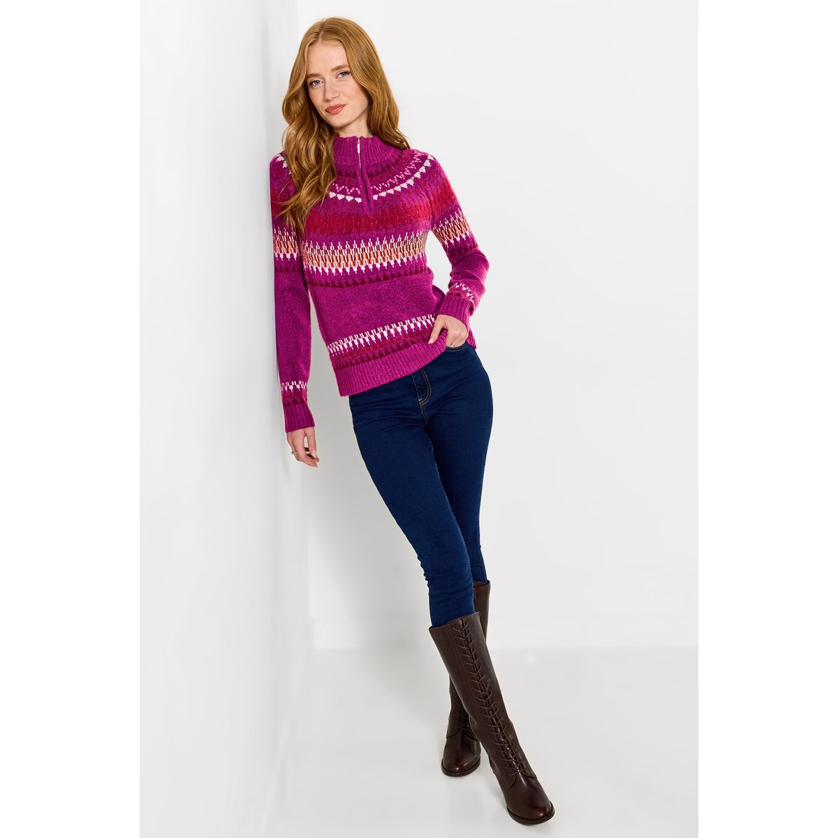 Pull Fair Isle Semi-Zippé Connie violet, JOE BROWNS