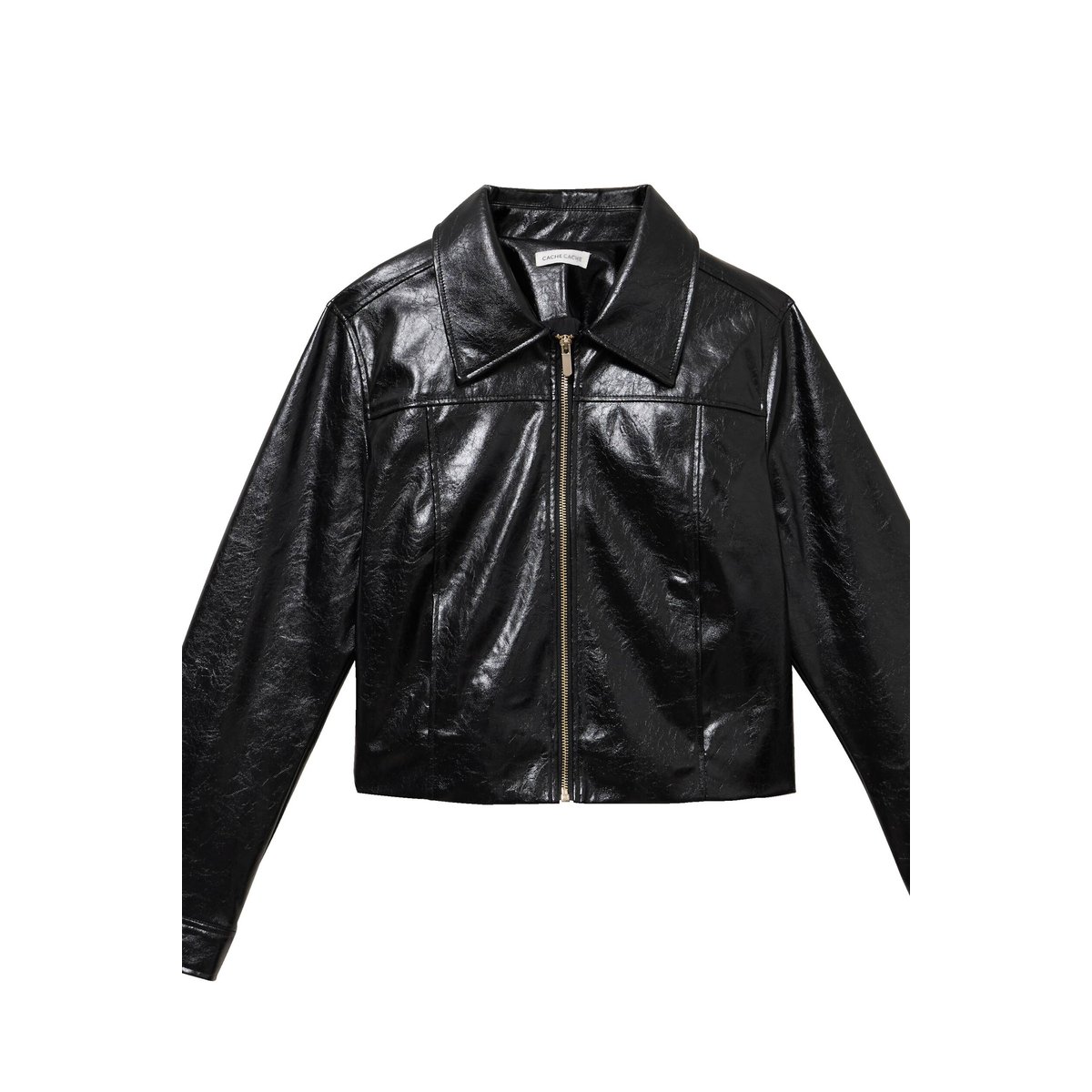 Veste droite cropped en similicuir noir, CACHE CACHE