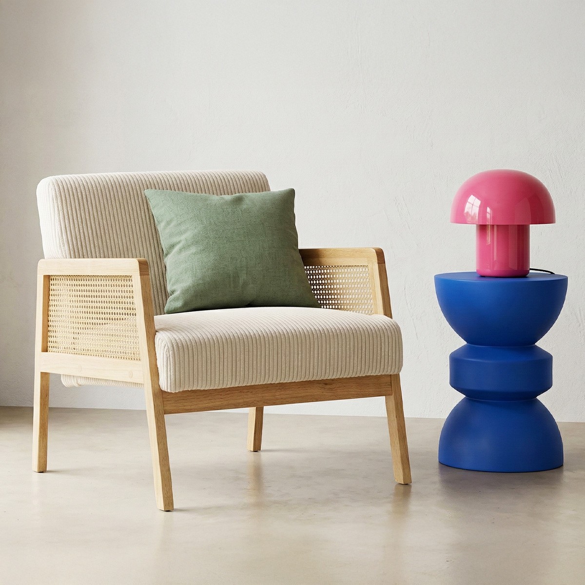 Fauteuil en cannage et velours côtelé - MANI beige, HOMIFAB