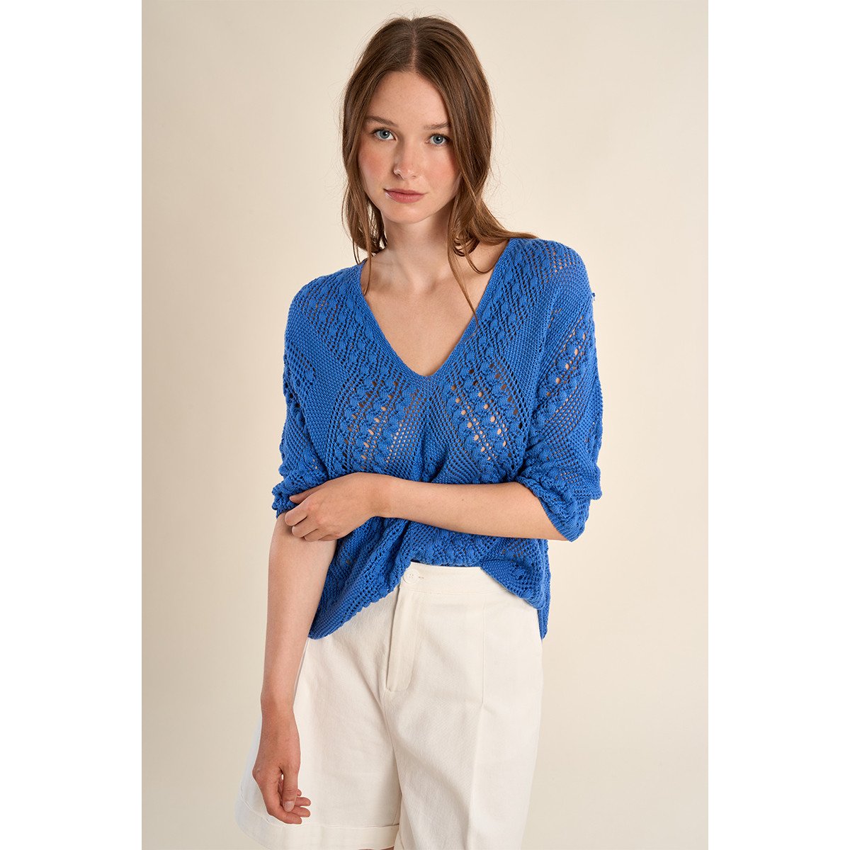 Maille manches courtes en crochet bleu, MOLLY BRACKEN