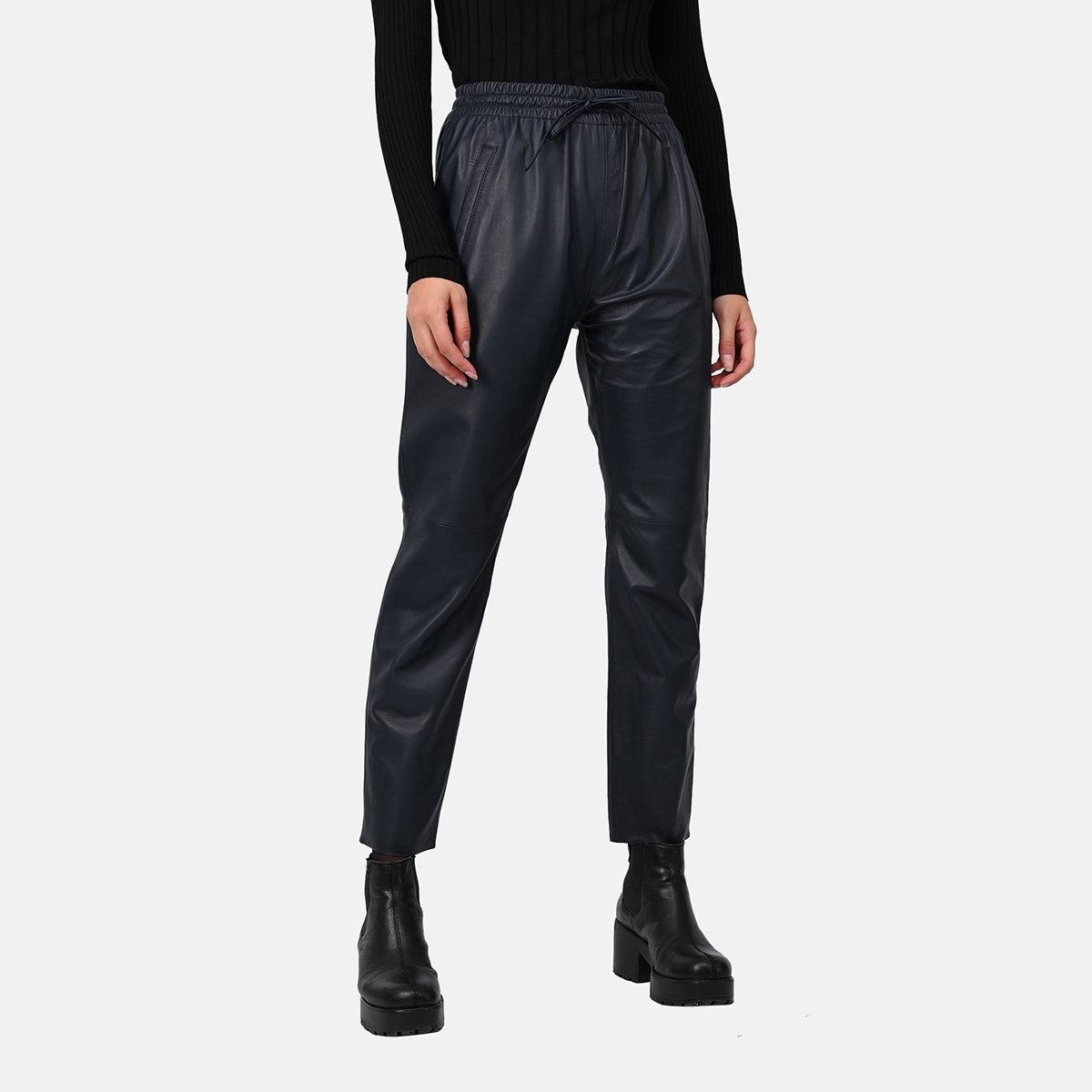 Pantalon en cuir à taille élastiquée GIFT bleu marine, OAKWOOD