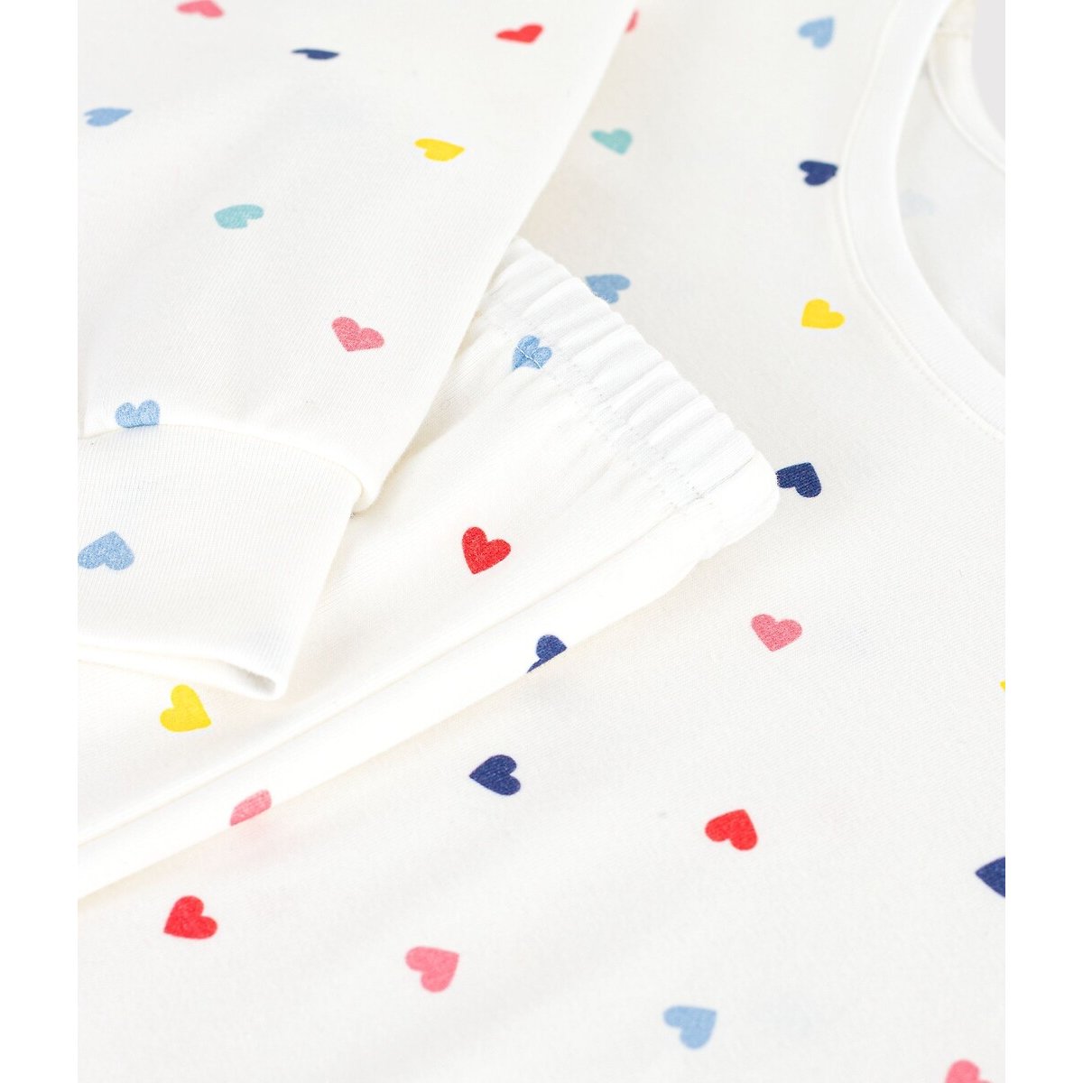 Langer Pyjama, Herzchenprint weiss, buntes herz, PETIT BATEAU