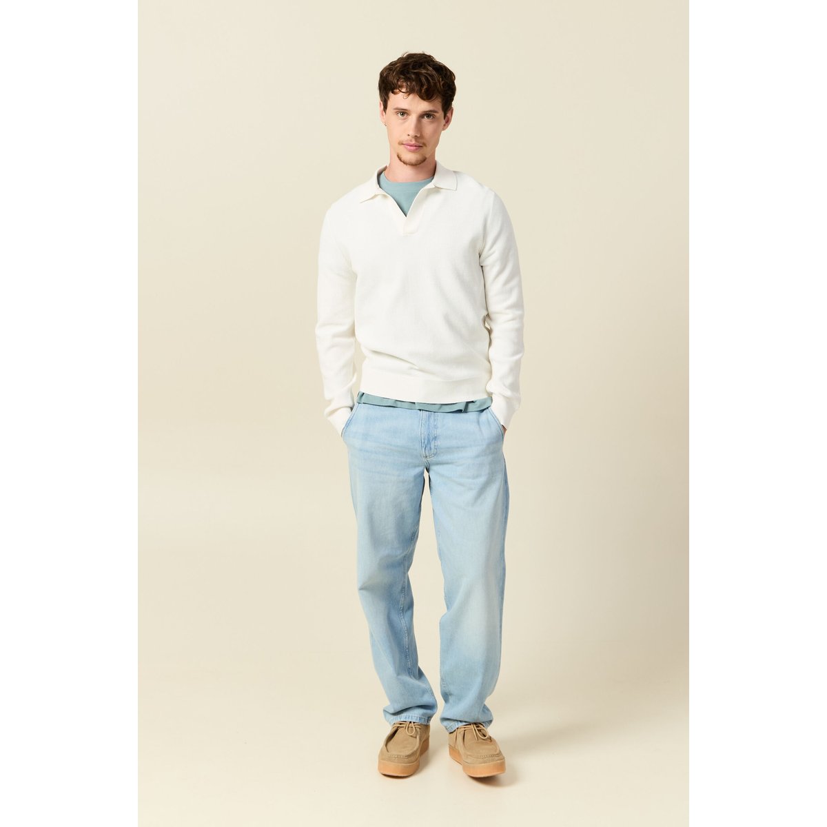 Pull droit col polo manches longues ecru, BONOBO