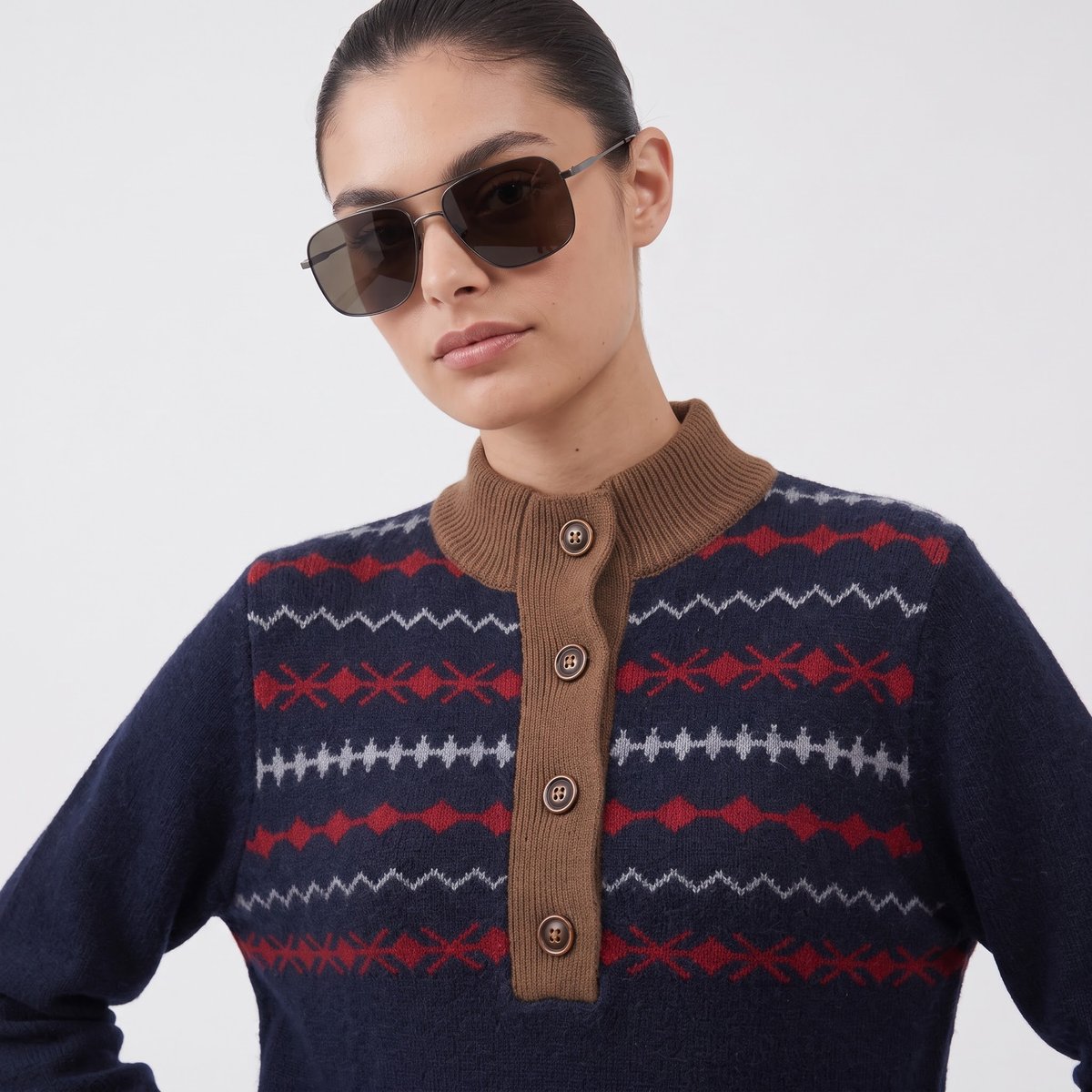 Pull femme à motif imprimé avec col contrasté boutonné LOREE navy, ARTLOVE