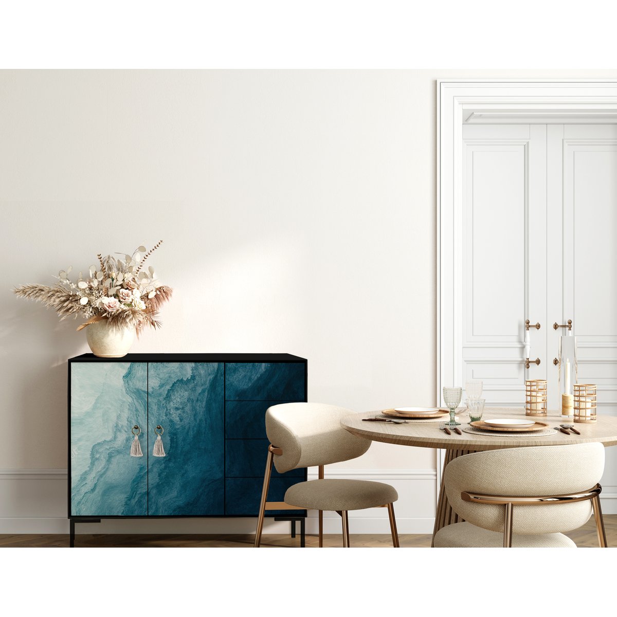 Buffet bas 2portes 4 tiroirs MDF imprimé WILMA bleu océan, REALLY NICE THINGS