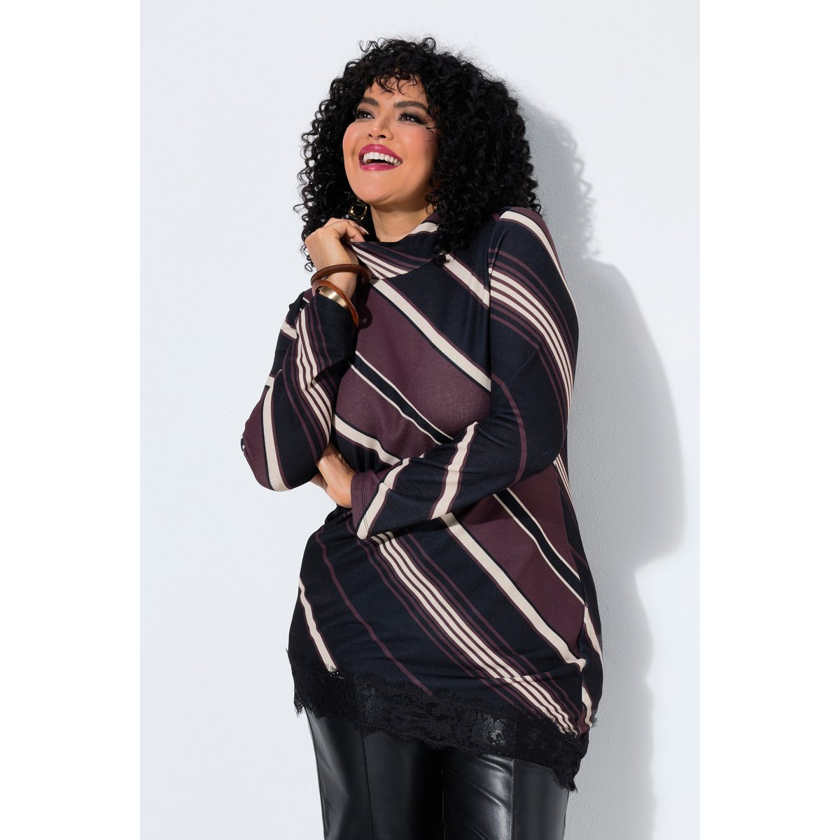 T-shirt rayé avec dentelle marron, ULLA POPKEN