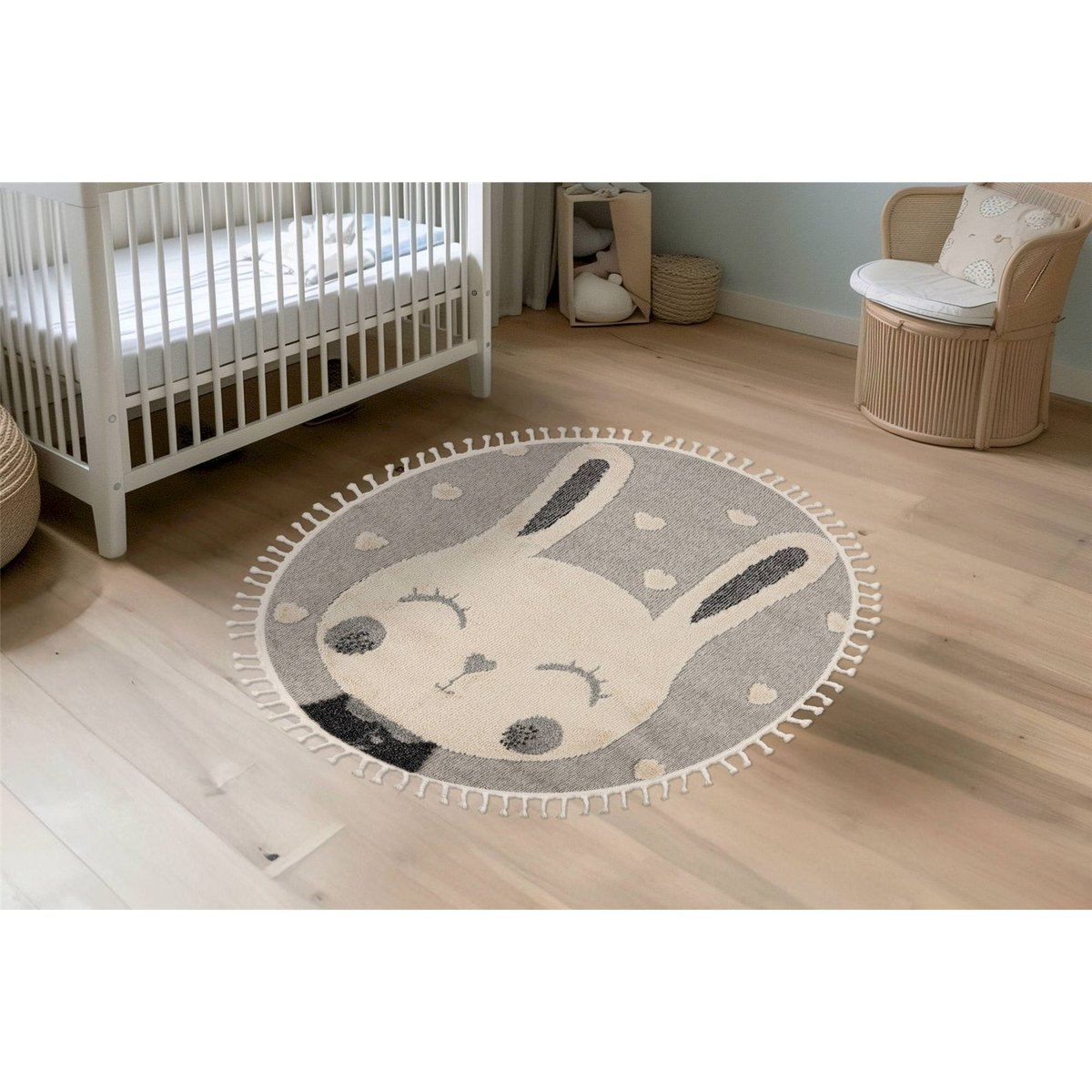 Tapis rond enfant motif lapin, Dos en jute gris clair et beige lapin, ARTE ESPINA
