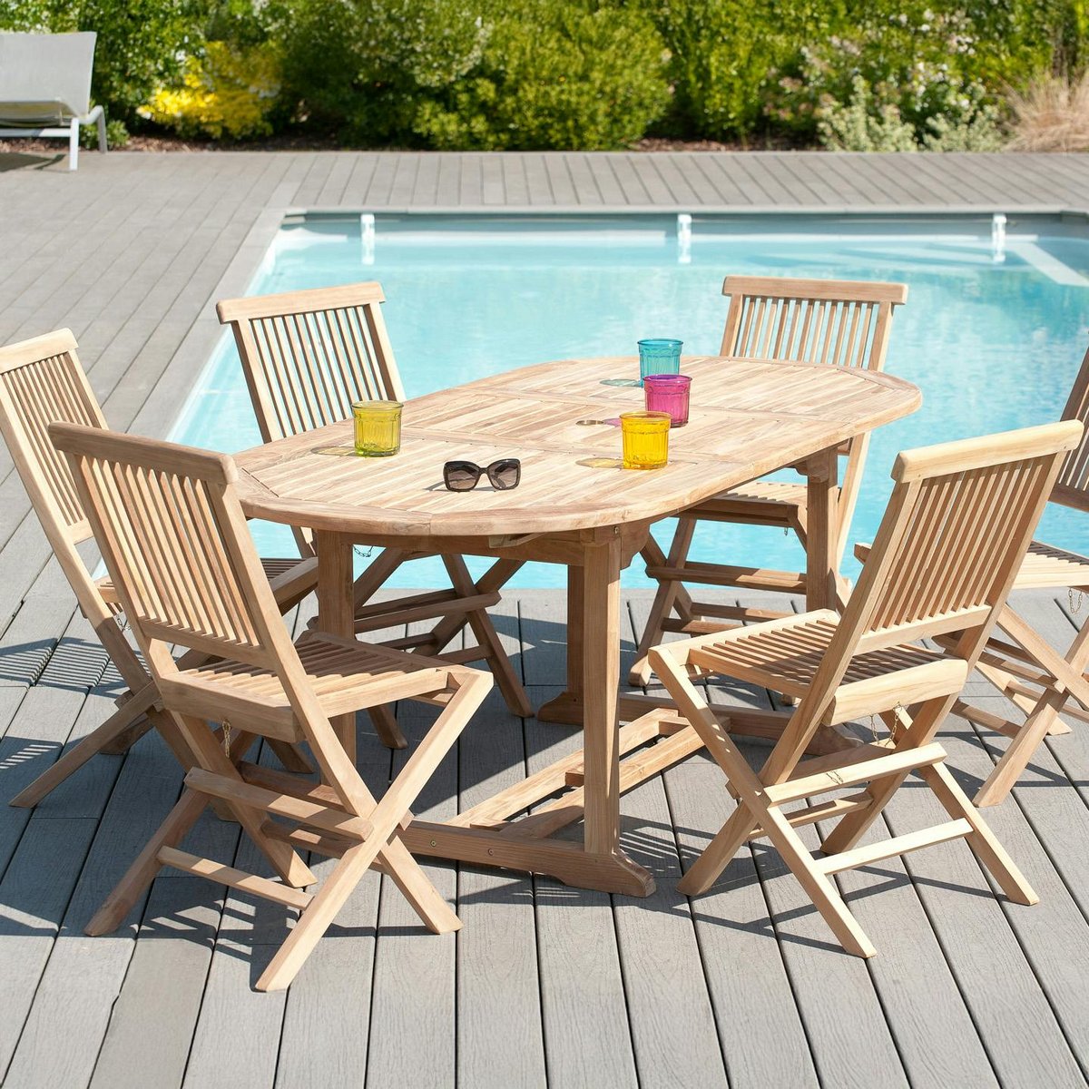 Salon de jardin table d'extérieur extensible ovale 150/200x90cm 6 chaises pliantes en bois de teck SUMMER bois naturel, PIER IMPORT