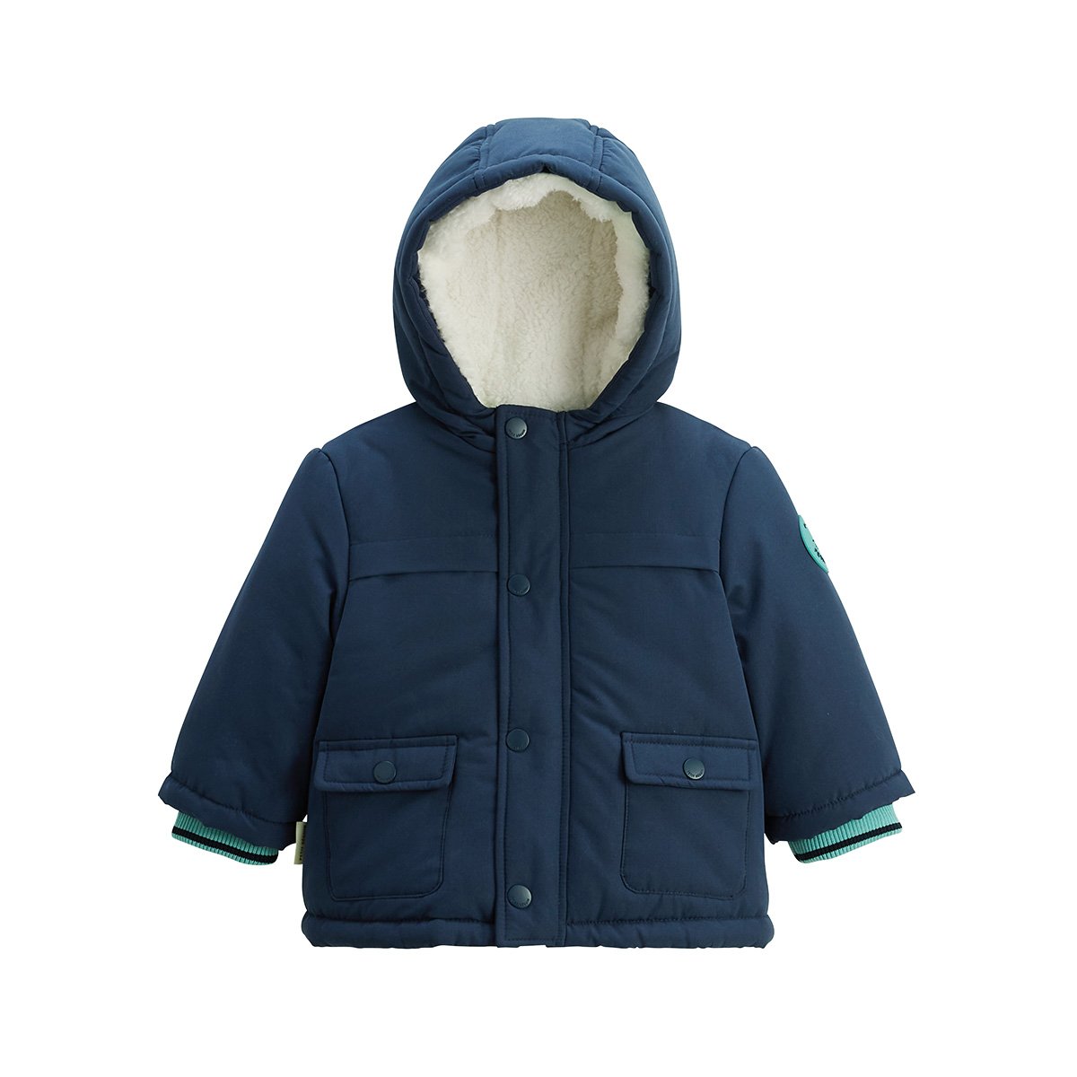 Manteau enfant imperméable doublé sherpa avec capuche Oscar bleu, PETIT BEGUIN
